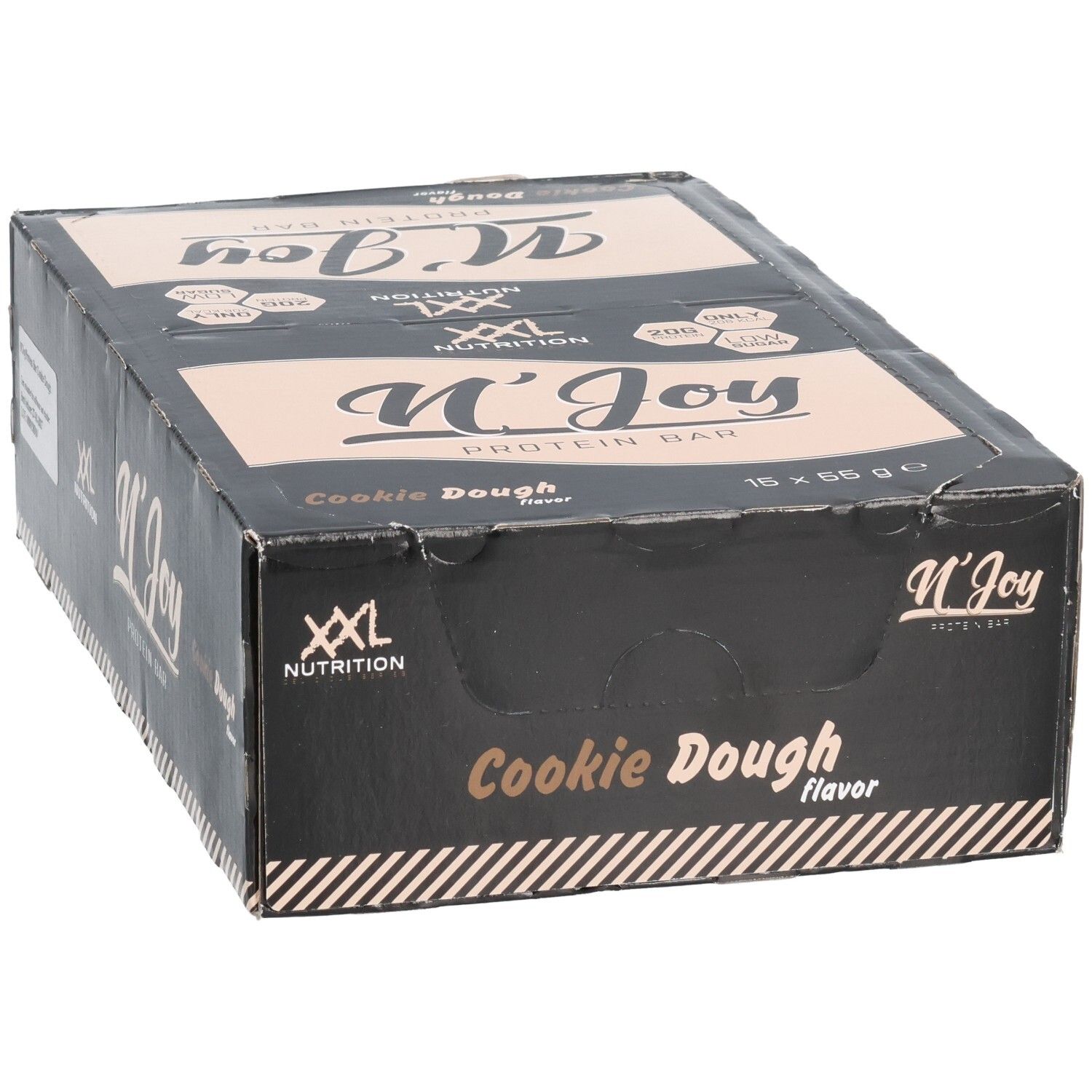 Schwarzer Karton mit Proteinriegeln. Aufschrift: N'Joy Protein Bar Cookie Dough. Marke: XXL Nutrition. 16 Riegel.