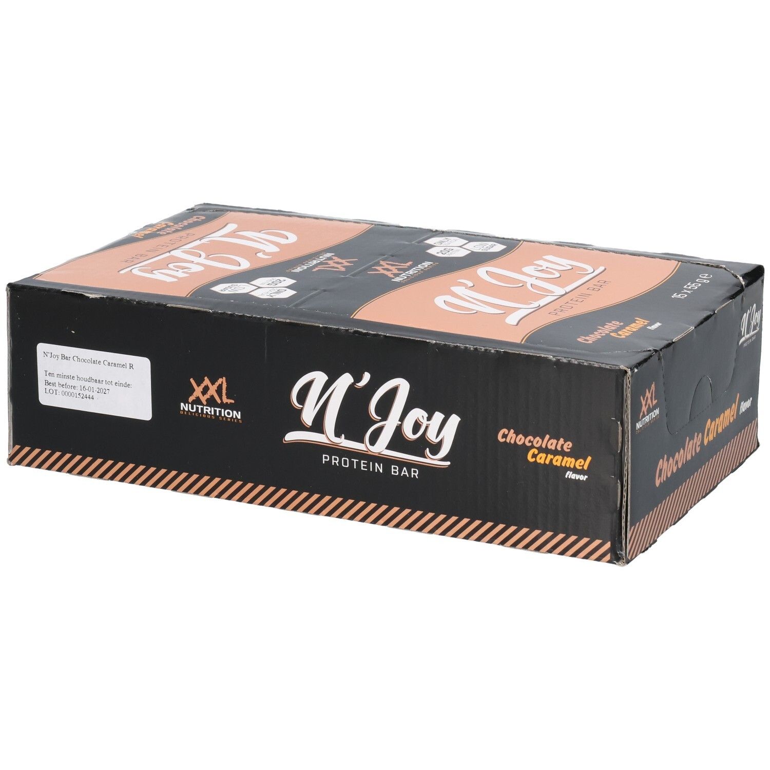 Schwarzer Karton mit XXL Nutrition N'Joy Protein Bar Chocolate Caramel. Aufdruck: N'Joy Protein Bar, Geschmacksrichtung Chocolate Caramel.