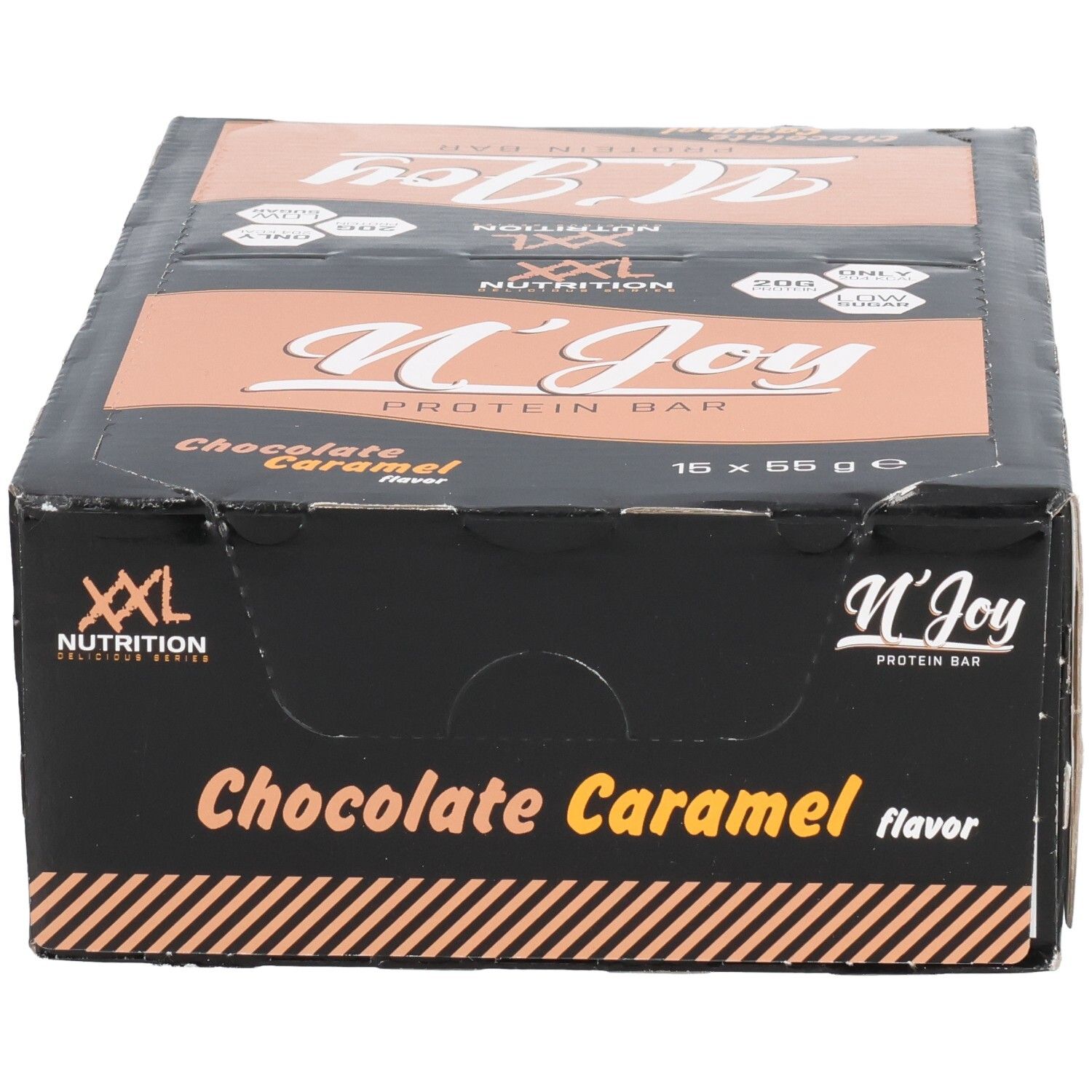 Schwarzer Karton mit XXL Nutrition N'Joy Protein Bar Chocolate Caramel. Aufdruck: N'Joy Protein Bar, 16 x 55g, Geschmacksrichtung.