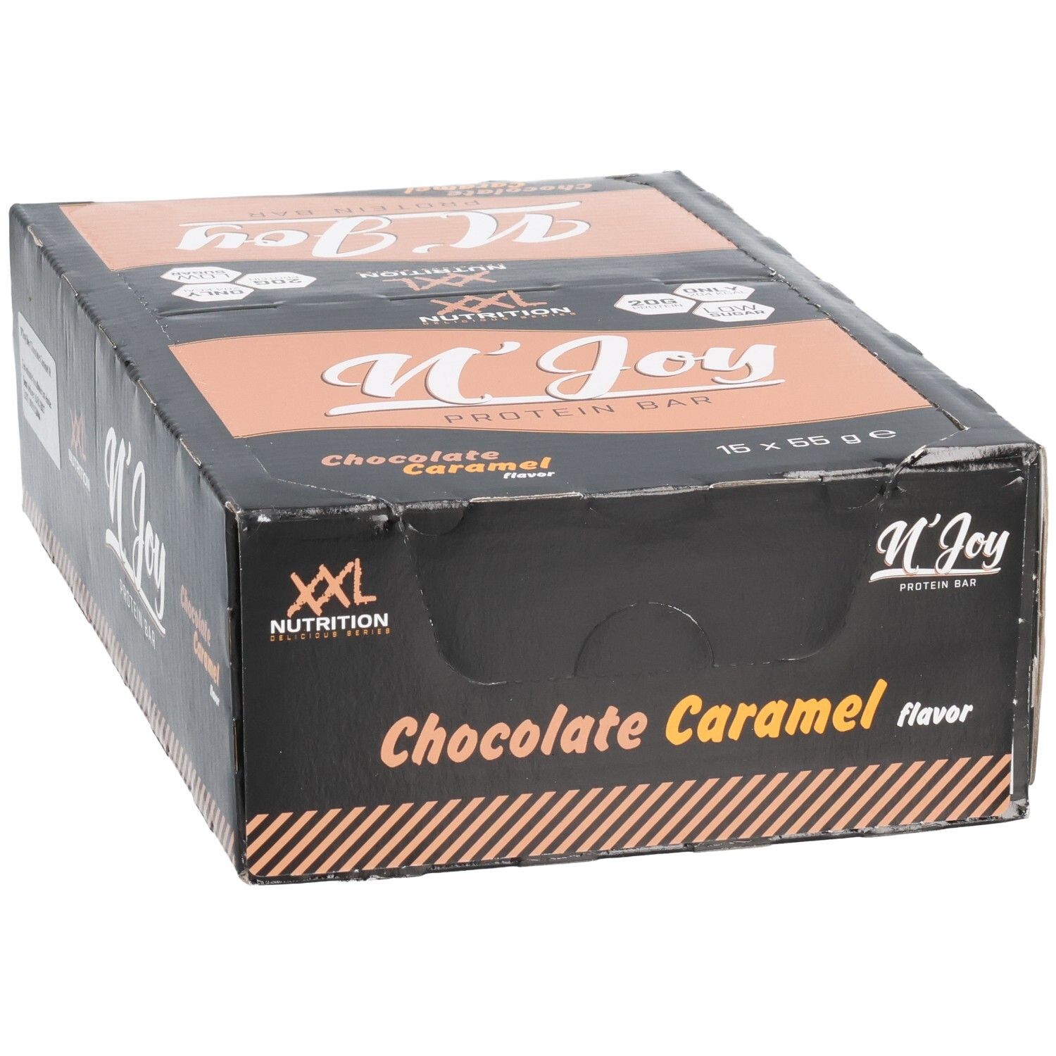Schwarzer Karton mit XXL Nutrition N'Joy Protein Bar Chocolate Caramel. Aufdruck: N'Joy Protein Bar, 16 x 55g, Geschmacksrichtung.