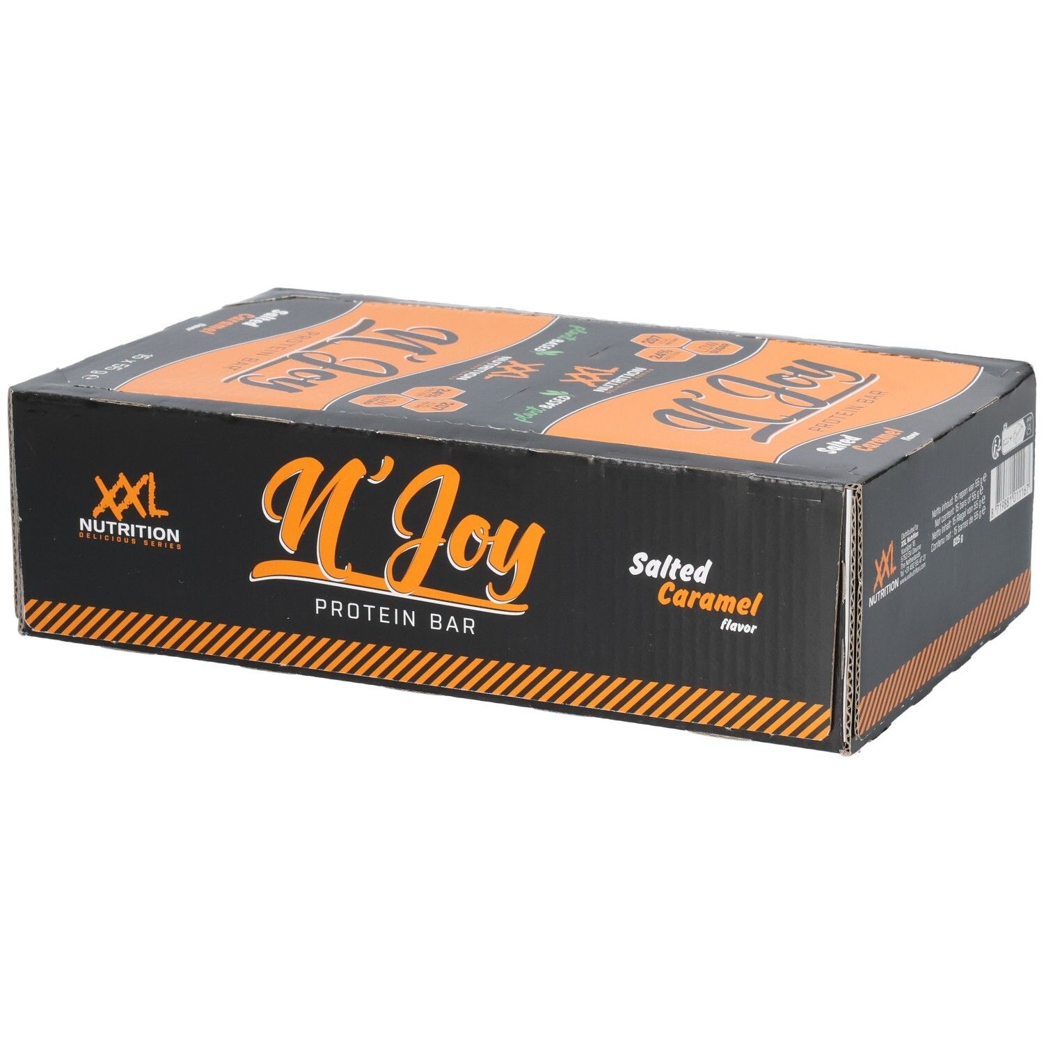 Schwarzer Karton mit orangefarbenem Deckel. Aufschrift: N'Joy Protein Bar, Salted Caramel. XXL Nutrition Logo. Plant Based.