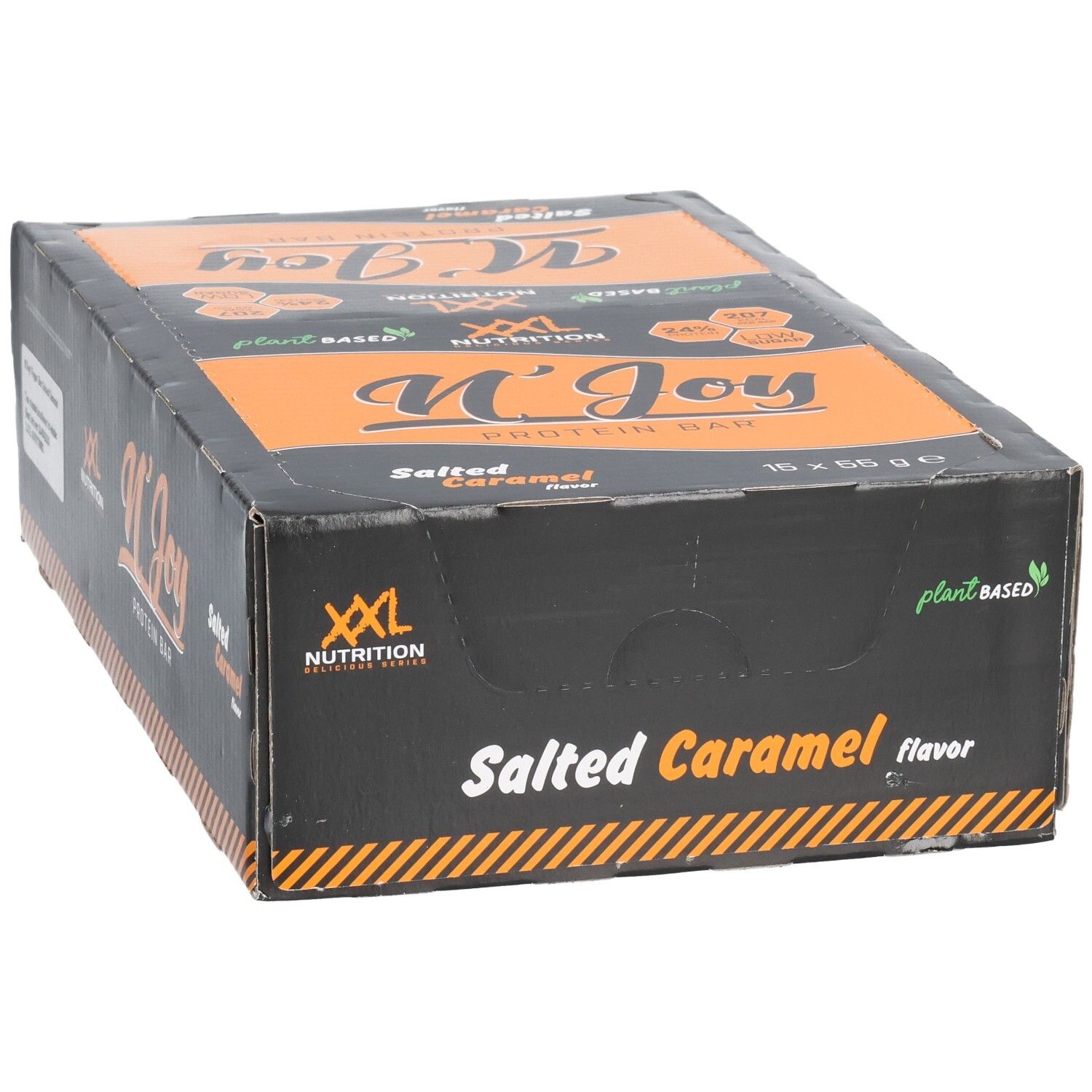 Schwarzer Karton mit orangefarbenem Deckel. Aufschrift: N'Joy Protein Bar, Salted Caramel. XXL Nutrition Logo. Plant Based. 15 x 55g.