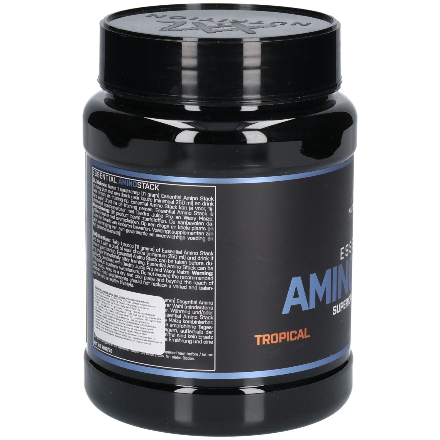 Schwarze Dose, Rückseite mit Produktinformationen. Text: Essential Amino Stack, Tropical, Inhaltsstoffe, Nährwertangaben.