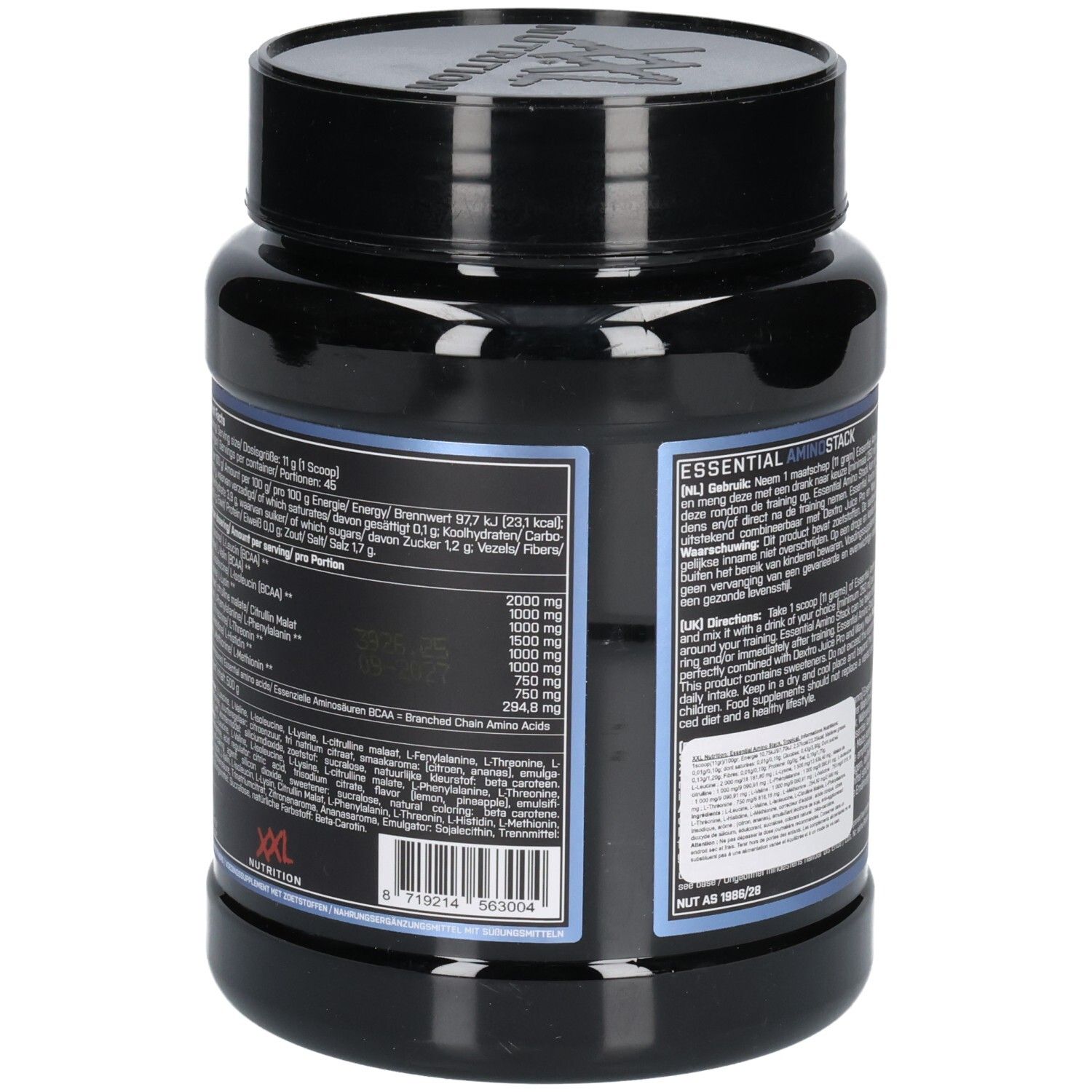 Schwarze Dose, Rückseite mit Produktinformationen. Text: Essential Amino Stack, Nährwertangaben, Zutaten, XXL Nutrition.