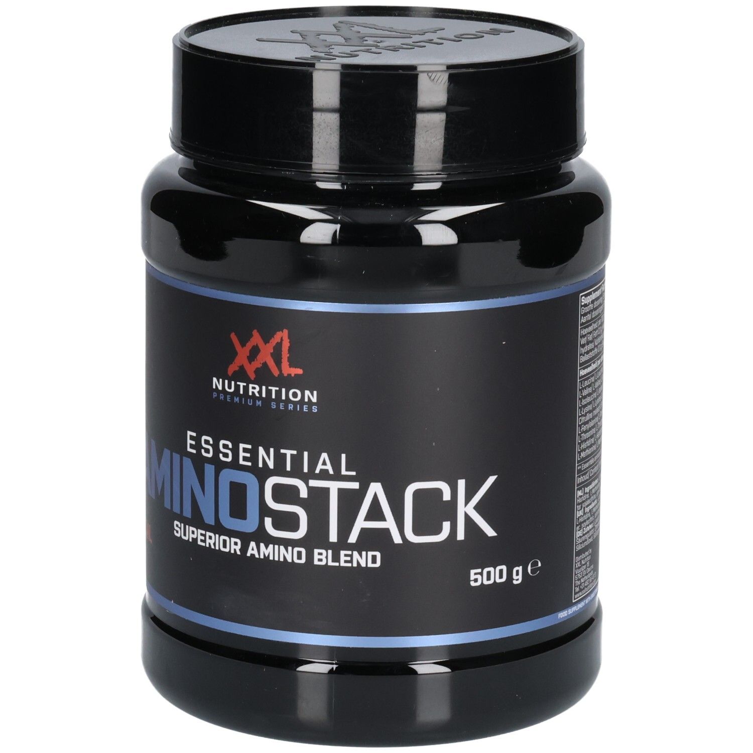 Schwarze Dose mit dem Produktnamen Essential Amino Stack. Aufschrift: XXL Nutrition, Superior Amino Blend, 500g.