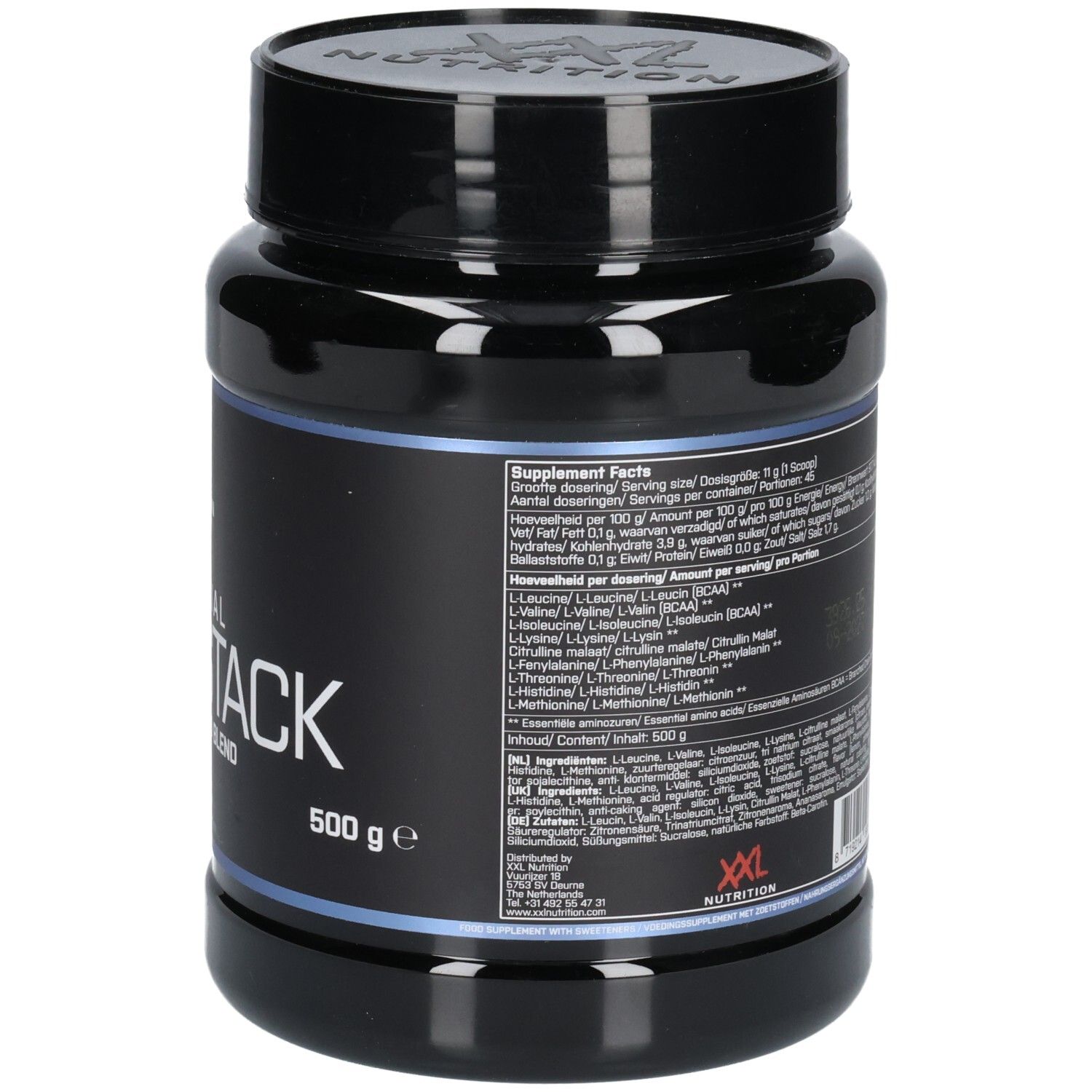 Schwarze Dose, Rückseite mit Produktinformationen. Text: Essential Amino Stack, Nährwertangaben, Inhaltsstoffe, 500 g.