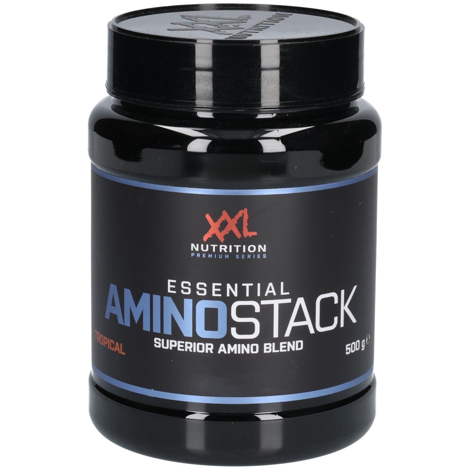 Schwarze Dose mit dem Produktnamen Essential Amino Stack. Aufschrift: XXL Nutrition, Tropical, Superior Amino Blend, 500g.