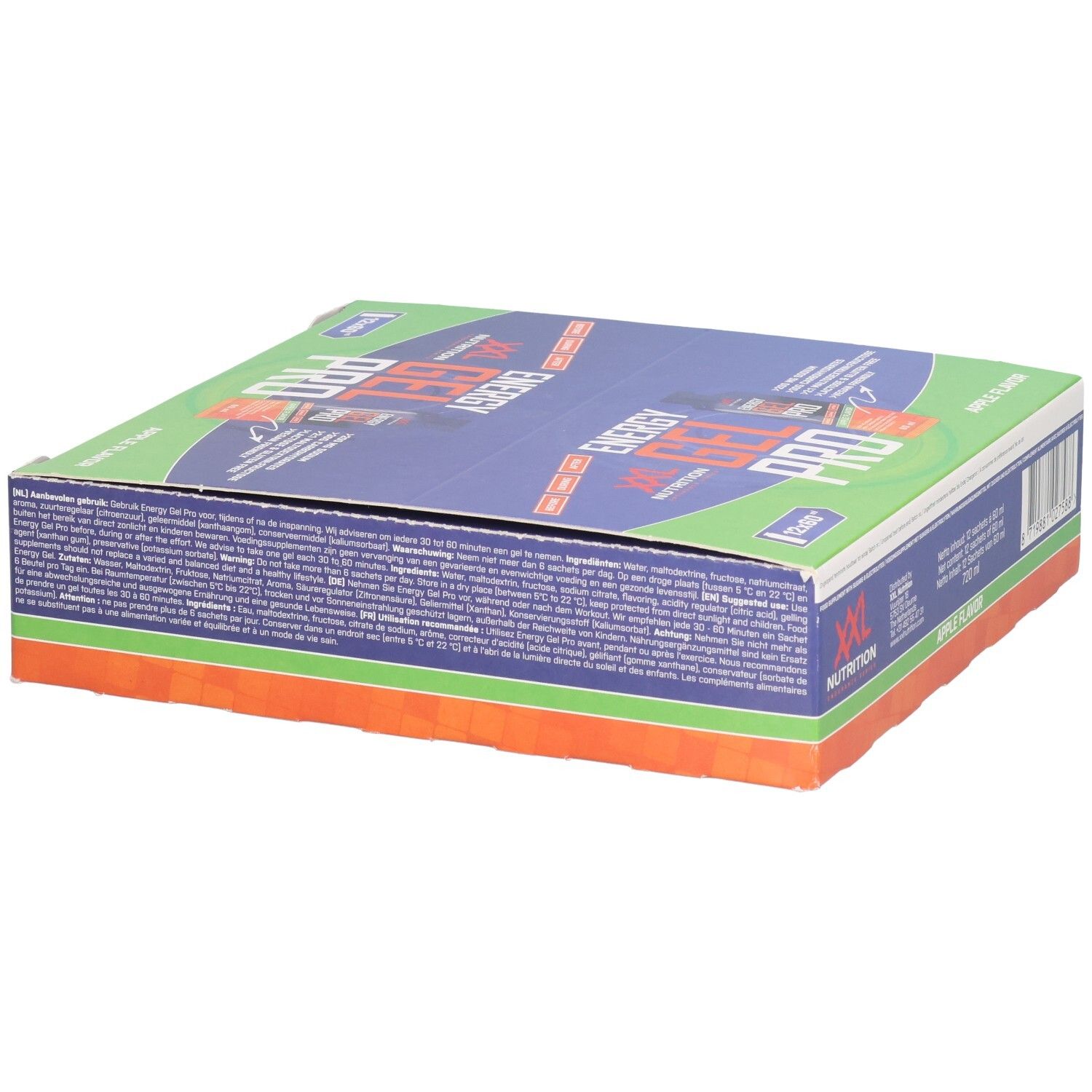 Karton mit Energy Gel Pro. Blaue, grüne und orangefarbene Verpackung. Aufschrift: XXL Nutrition, Energy Gel Pro, Apple Flavor.
