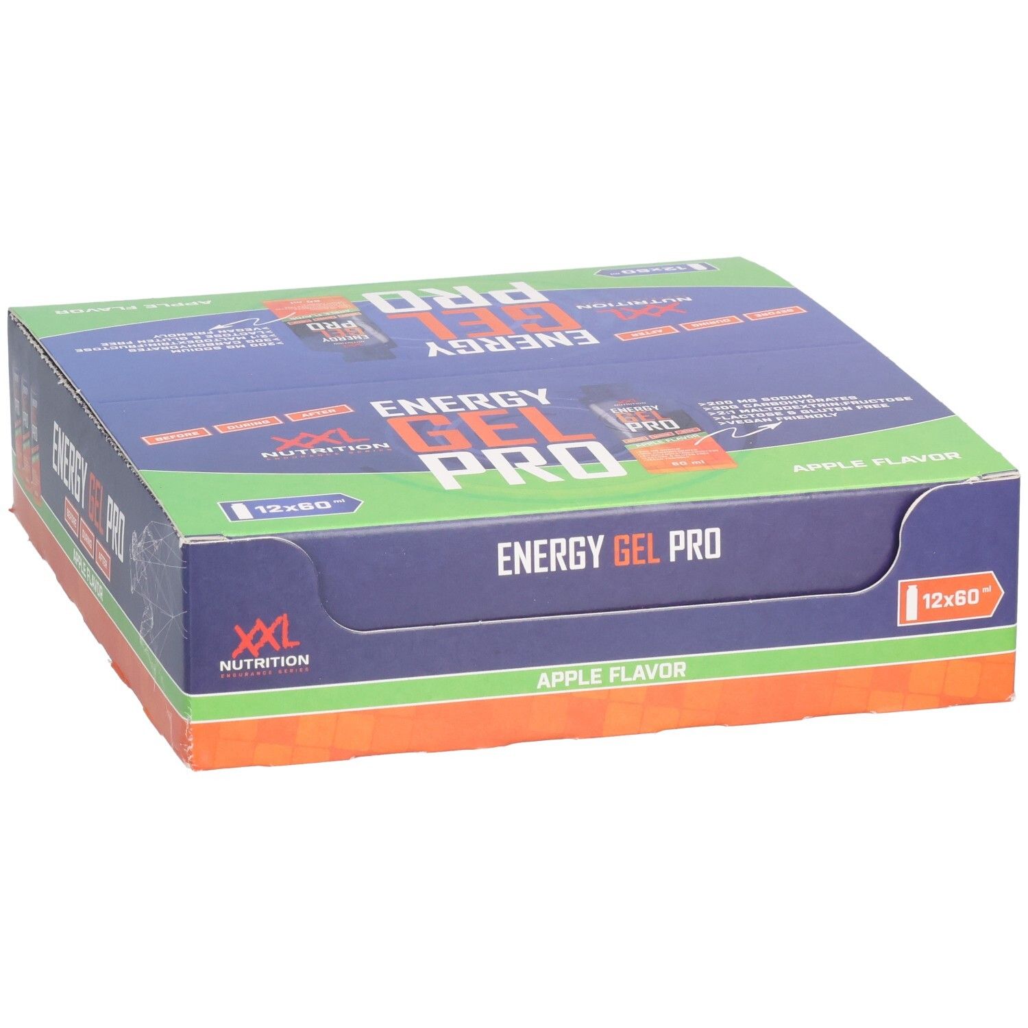 Karton mit Energy Gel Pro. Blaue, grüne und orangefarbene Verpackung. Aufschrift: XXL Nutrition, Energy Gel Pro, Apple Flavor.