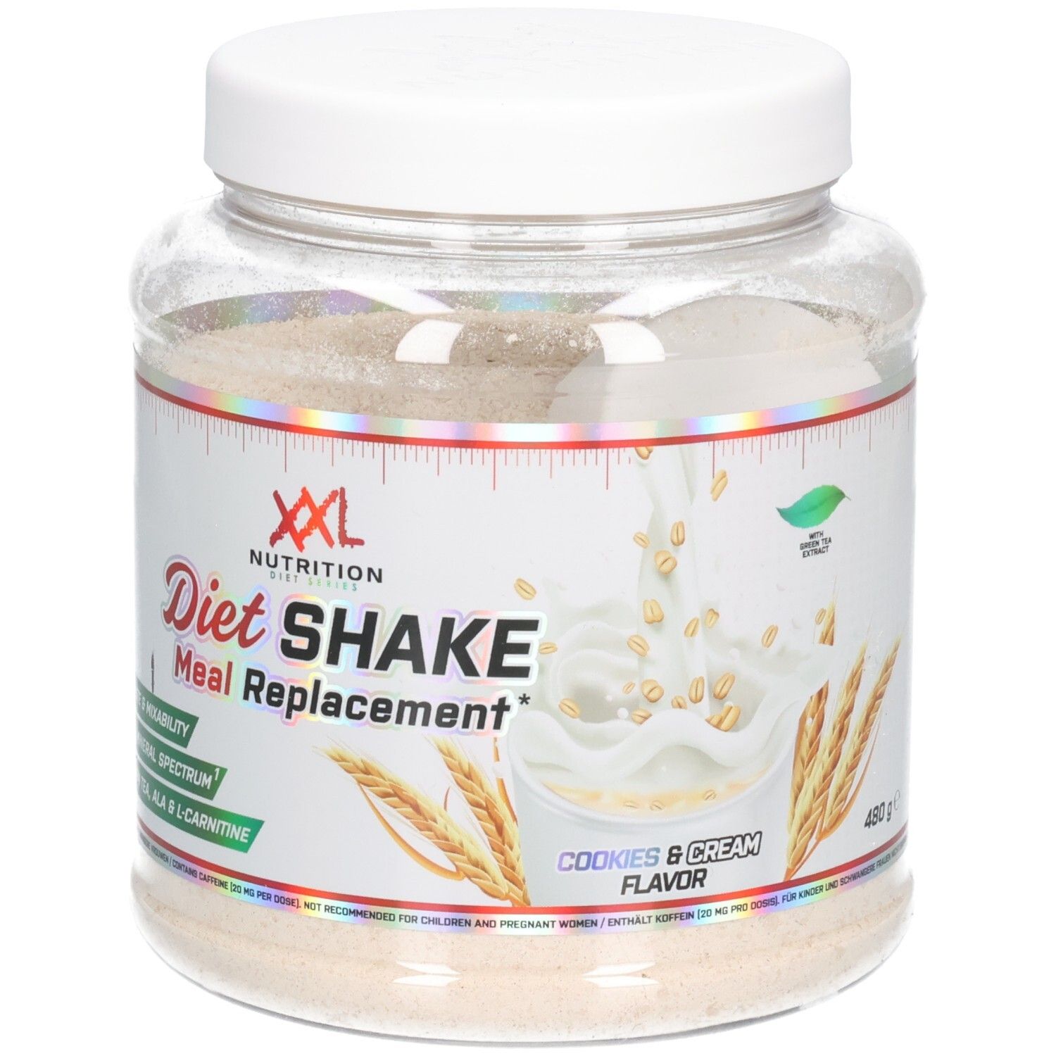 Transparenter Behälter mit weißem Deckel. Aufschrift: XXL Nutrition, Diet Shake Meal Replacement, Cookies & Cream Flavor, 480g.