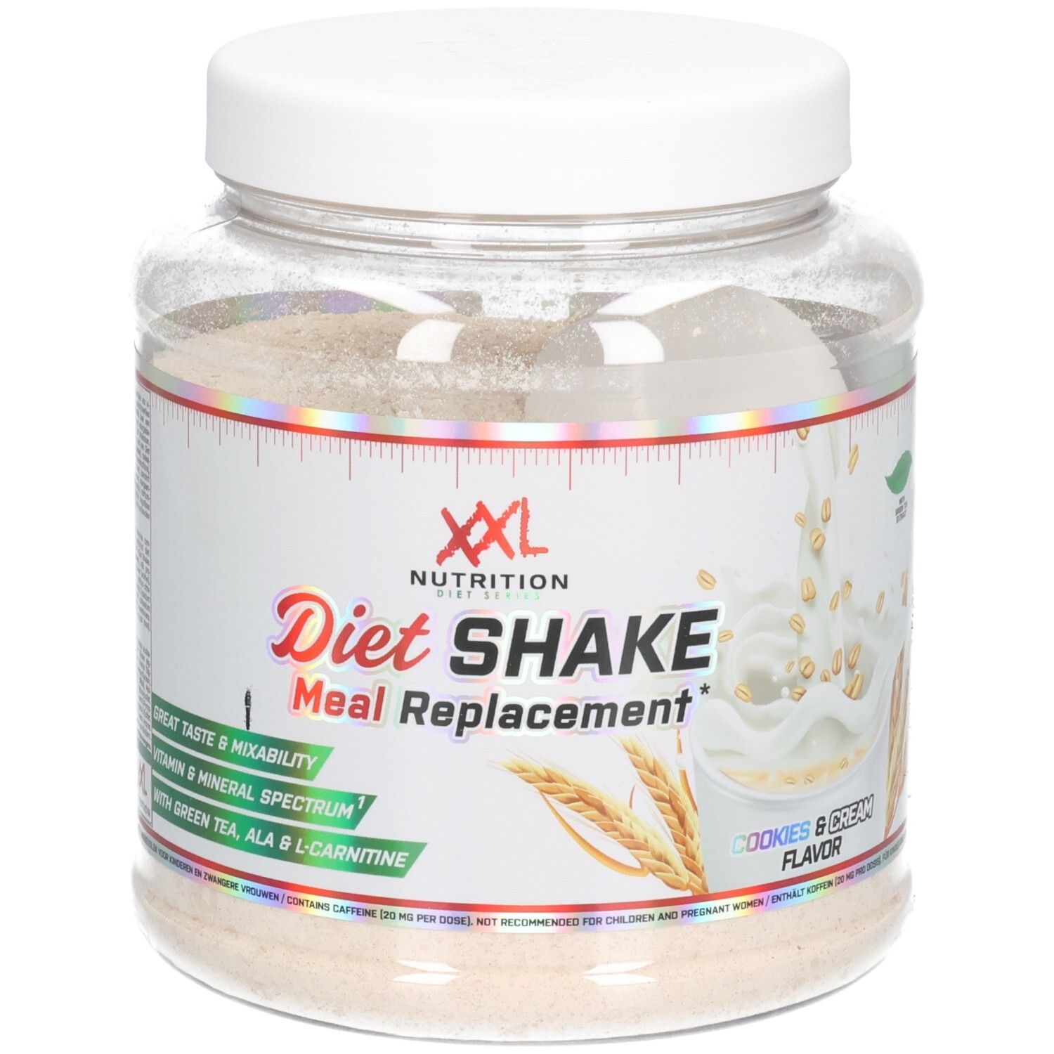 Transparenter Behälter mit weißem Deckel. Aufschrift: XXL Nutrition, Diet Shake Meal Replacement, Cookies & Cream Flavor.