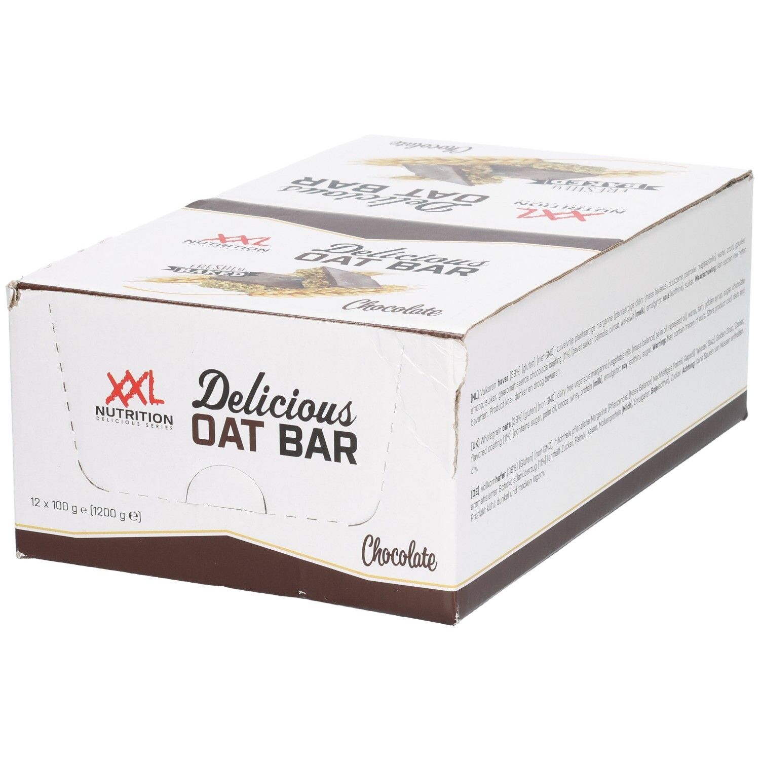 Boîte en carton de barres d'avoine XXL Nutrition Delicious Oat Bar Chocolat. 12 barres, 100g chacune. Emballage blanc et marron.