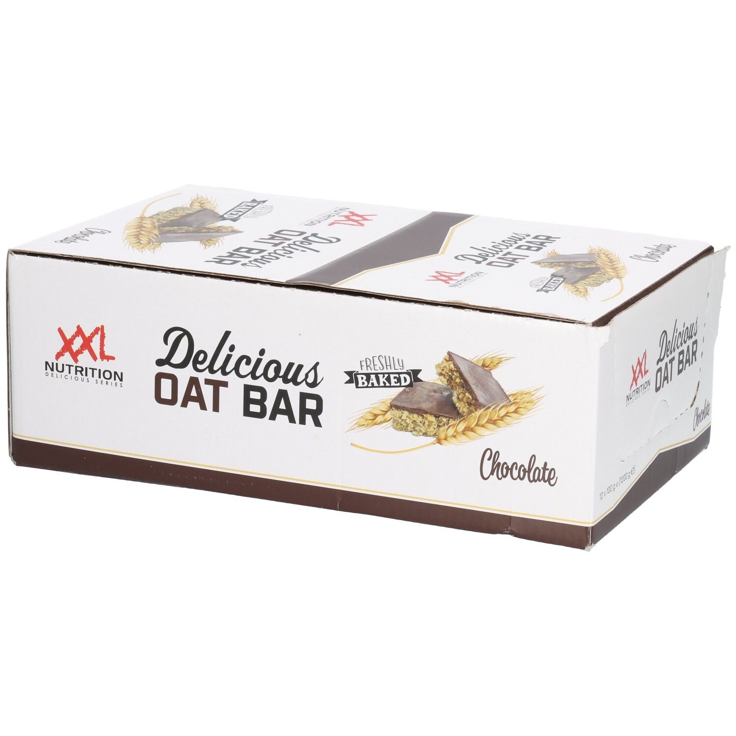 Boîte en carton de barres d'avoine XXL Nutrition Delicious Oat Bar Chocolat. Illustration d'avoine et de barres. Emballage blanc.
