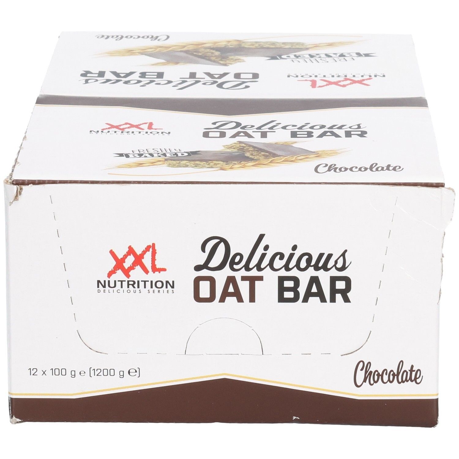 Boîte en carton de barres d'avoine XXL Nutrition Delicious Oat Bar Chocolat. 12 barres, 100g chacune. Emballage blanc et marron.