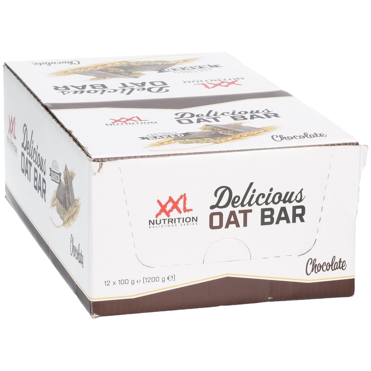 Boîte en carton de barres d'avoine XXL Nutrition Delicious Oat Bar Chocolat. 12 barres, 100g chacune. Emballage blanc et marron.