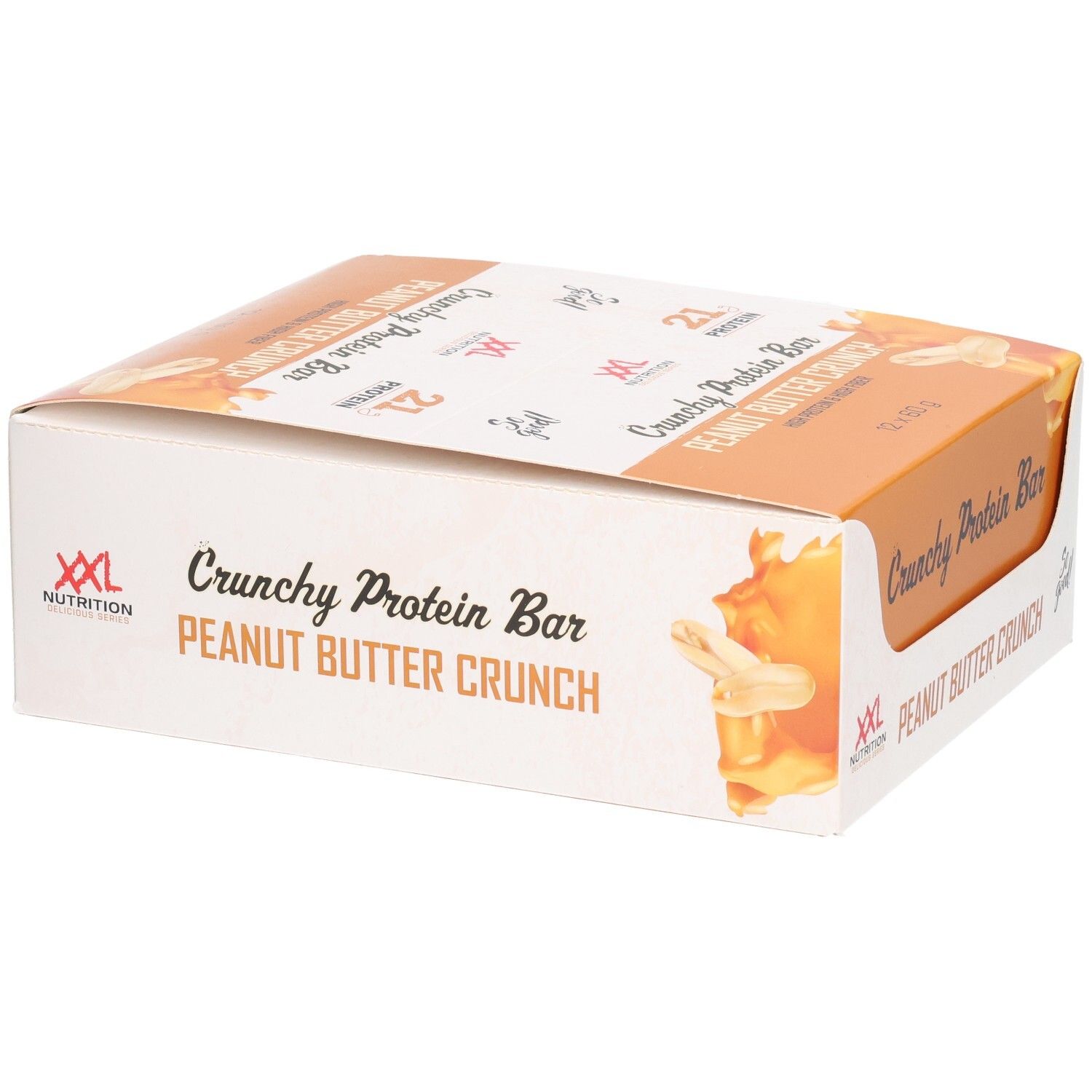 Verpackung mit Crunchy Protein Bar, Erdnussbutter-Crunch. Marke XXL Nutrition. 12 Riegel.