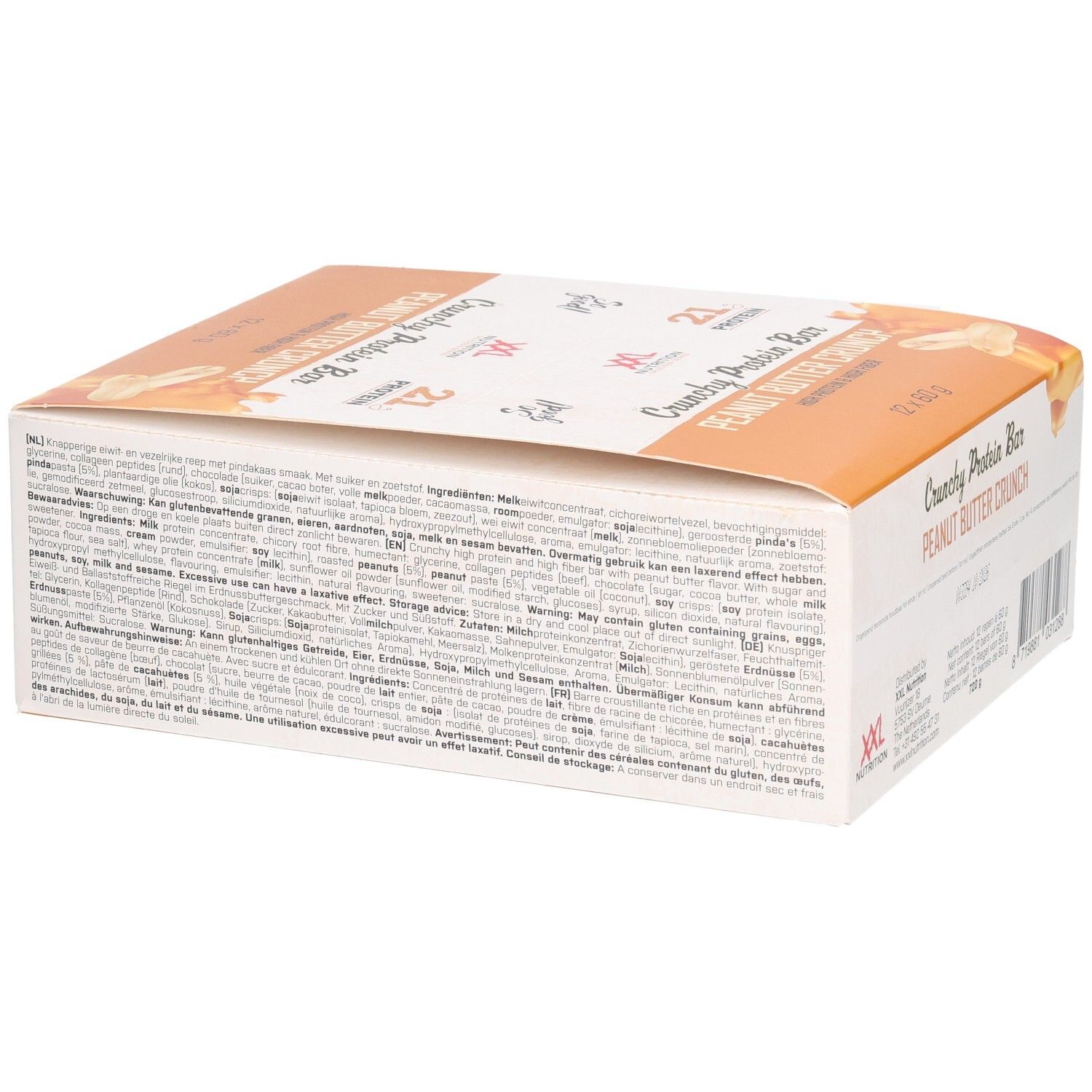 Verpackung mit Crunchy Protein Bar, Erdnussbutter-Crunch. Marke XXL Nutrition. Text auf der Verpackung.
