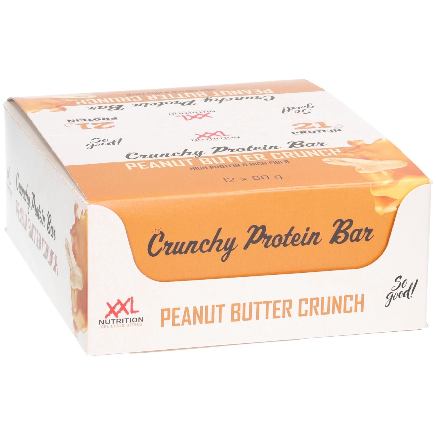 Verpackung mit Crunchy Protein Bar, Erdnussbutter-Crunch. Marke XXL Nutrition. 12 Riegel.
