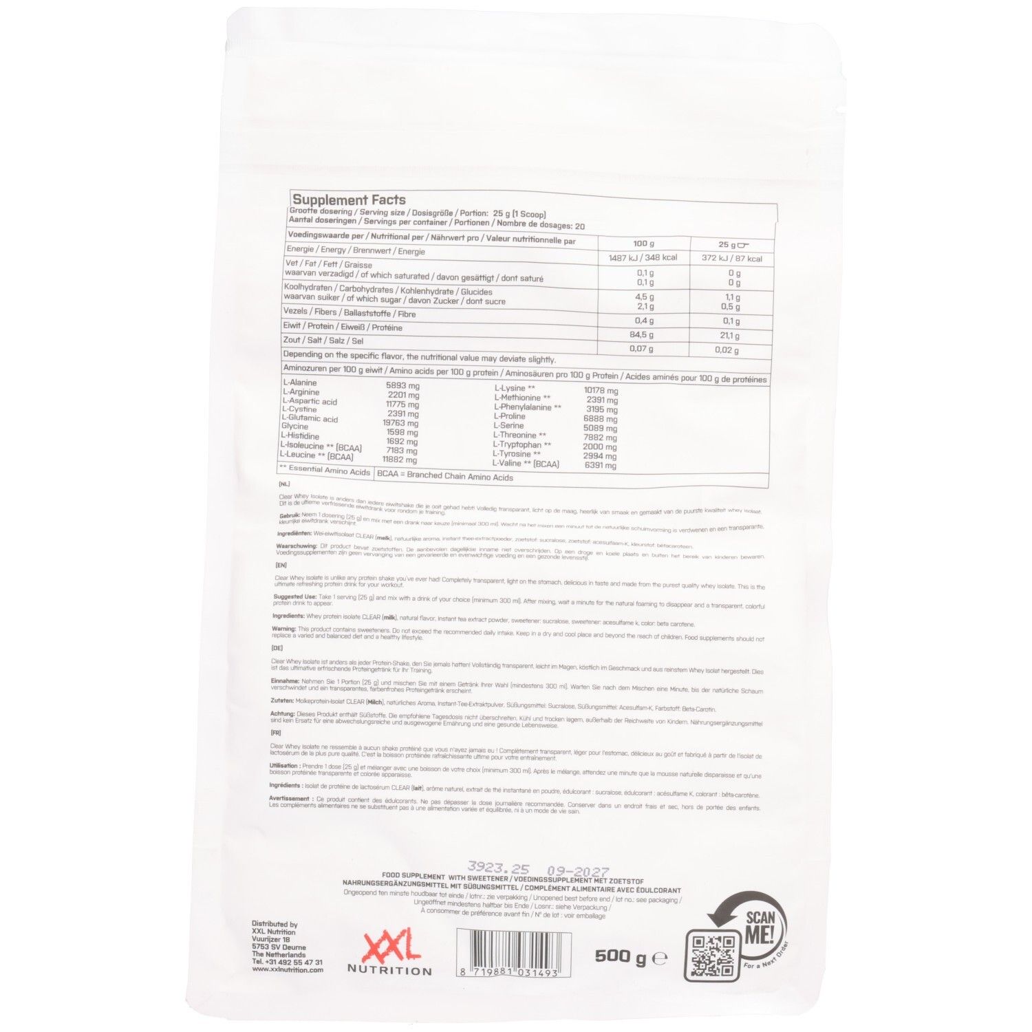 Rückseite der Verpackung. Enthält Nährwertangaben und Zutatenliste. Marke: XXL Nutrition. Gewicht: 600g.