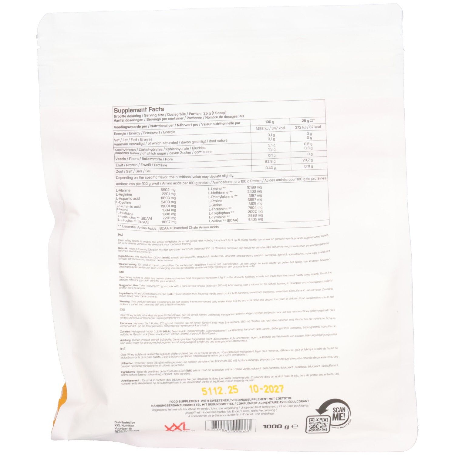 Rückseite des Beutels mit Nährwertangaben und Text. XXL Nutrition Logo und 1000 g.