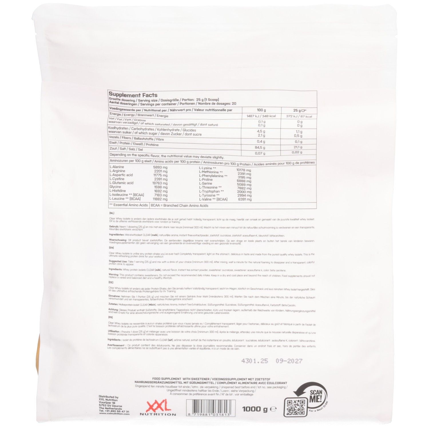Rückseite des Beutels mit Nährwertangaben und Inhaltsstoffen. Text in mehreren Sprachen. XXL Nutrition Logo und 1000 g.