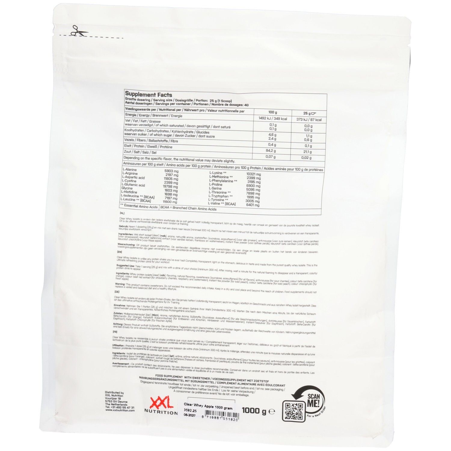 Rückseite der Verpackung. Text: Nährwertangaben, Zutaten, Aminosäuren. Marke: XXL Nutrition. Gewicht: 1000 g.