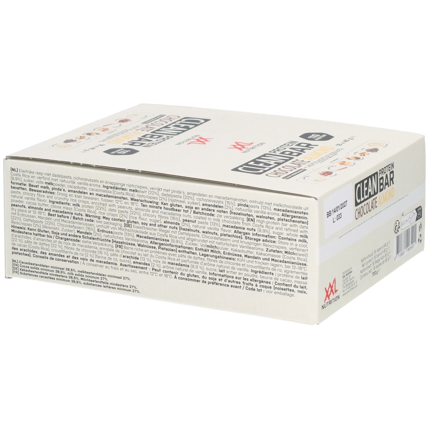 Karton mit Clean Protein Bar Chocolat Amandes. Zutatenliste und Nährwertangaben. Aufschrift: XXL Nutrition, Clean Protein Bar.