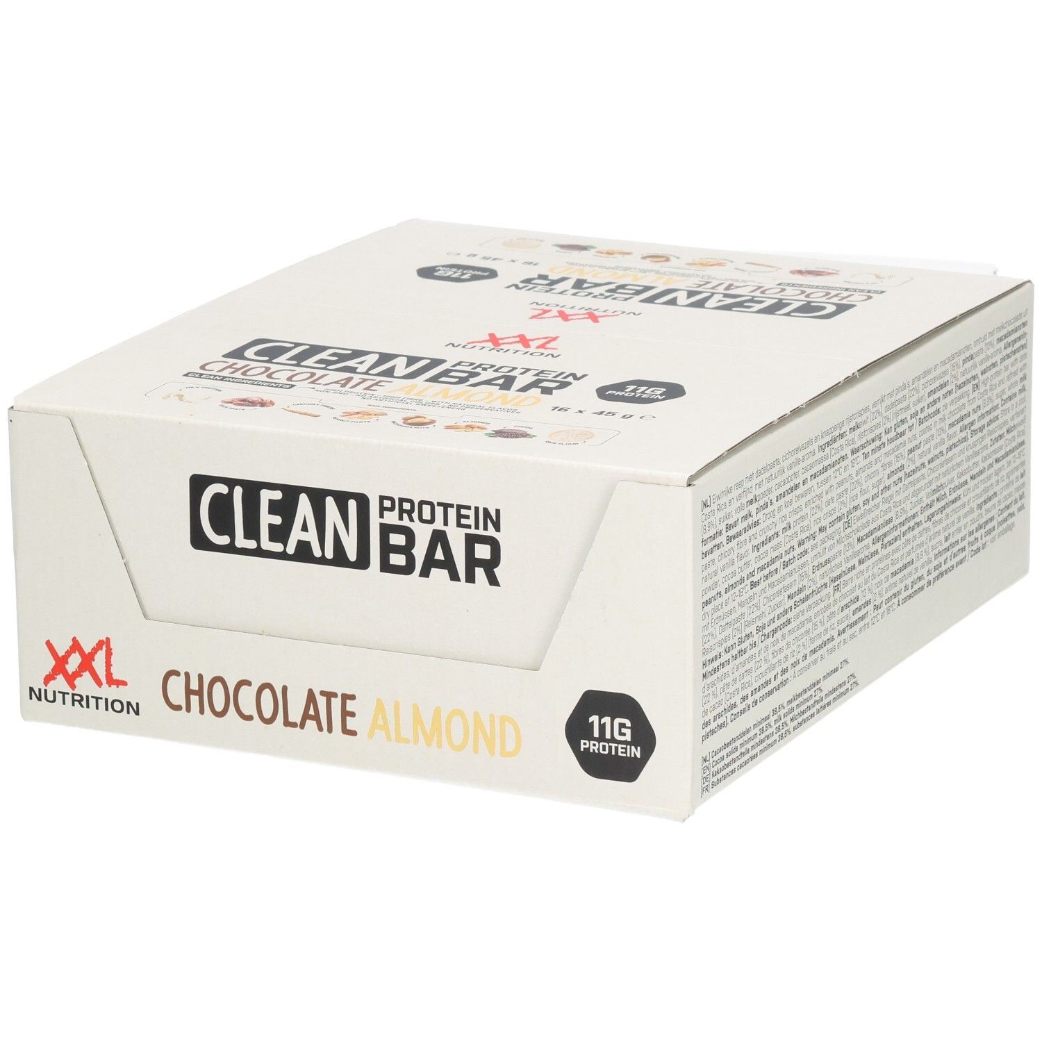 Karton mit Clean Protein Bar Chocolat Amandes. Aufschrift: XXL Nutrition, Clean Protein Bar, Schokolade Mandel, 11g Protein.