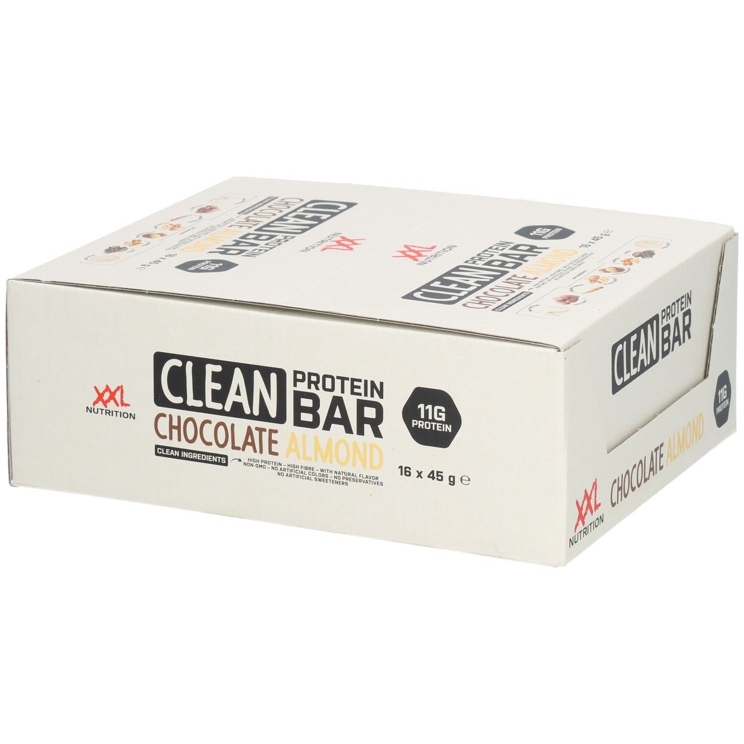Karton mit Clean Protein Bar Chocolat Amandes. Aufschrift: XXL Nutrition, Clean Protein Bar, Schokolade Mandel, 16 x 45 g.