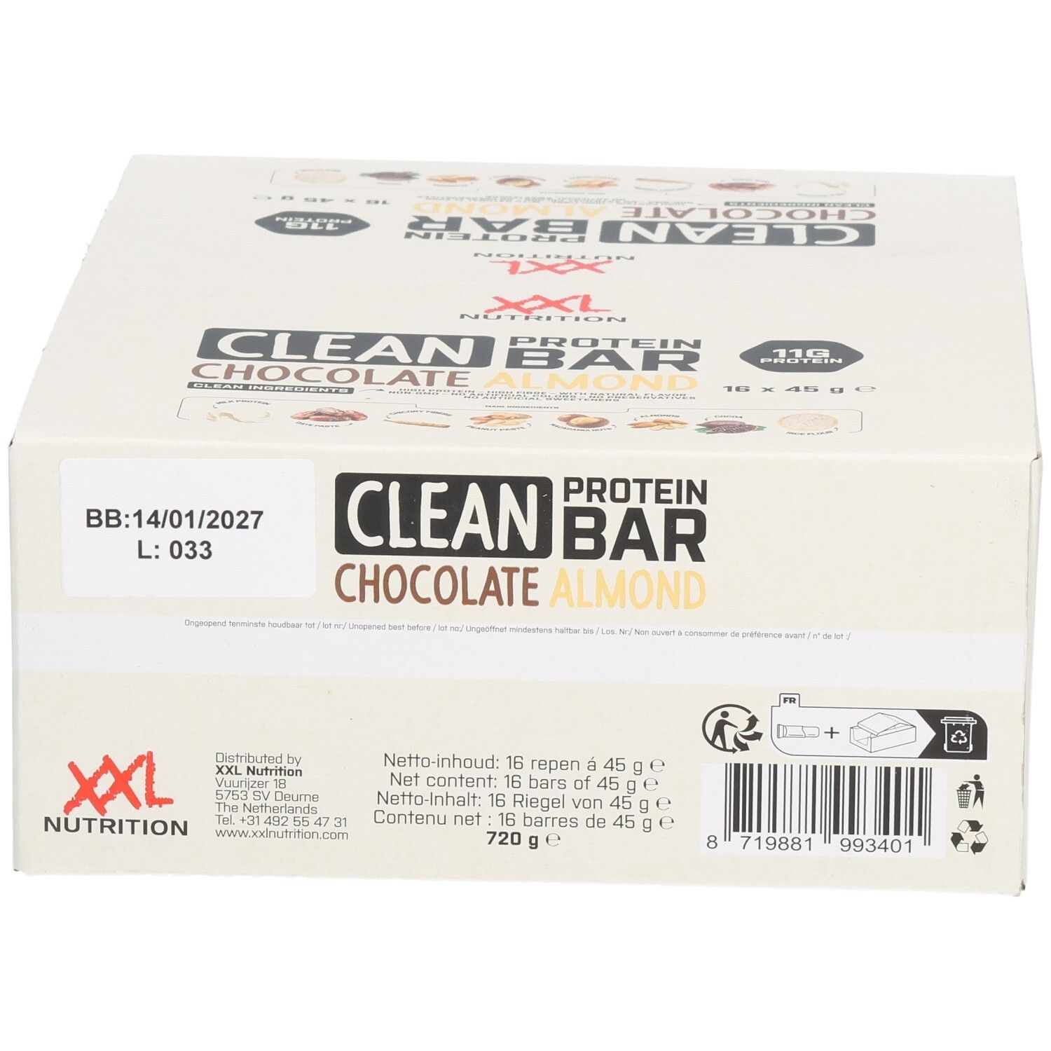 Karton mit Clean Protein Bar Chocolat Amandes. Aufschrift: XXL Nutrition, Clean Protein Bar, Schokolade Mandel, 16 Riegel.
