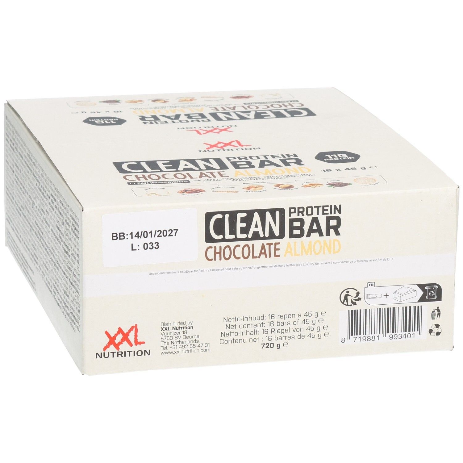 Karton mit Clean Protein Bar Chocolat Amandes. Aufschrift: XXL Nutrition, Clean Protein Bar, Schokolade Mandel, 16 Riegel, 720 g.