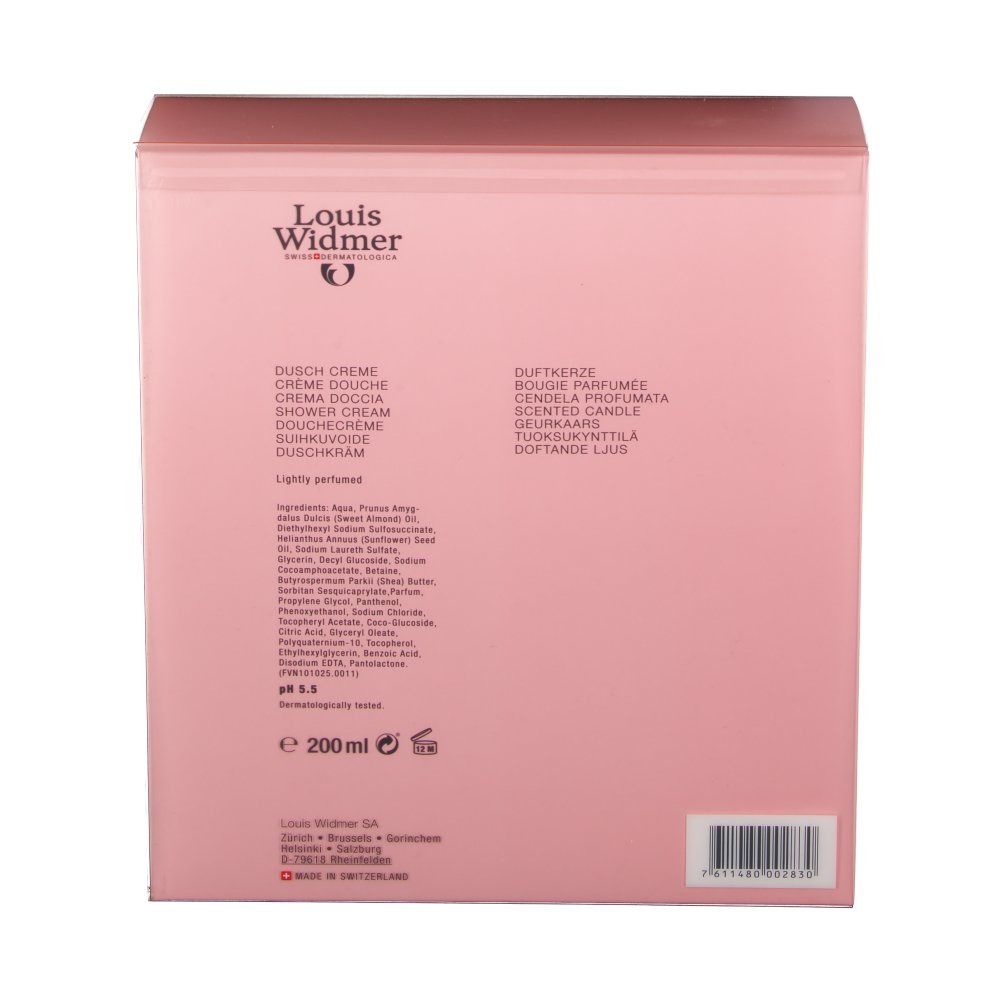 Achterkant van de geschenkdoos. Productinformatie en ingrediënten. Louis Widmer logo en pH-waarde.