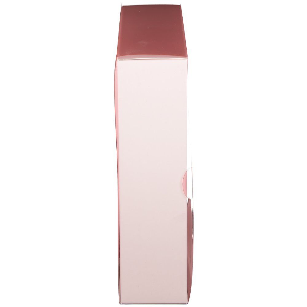 Roze geschenkdoos, zijaanzicht. Transparante bovenkant. Rechthoekige vorm.