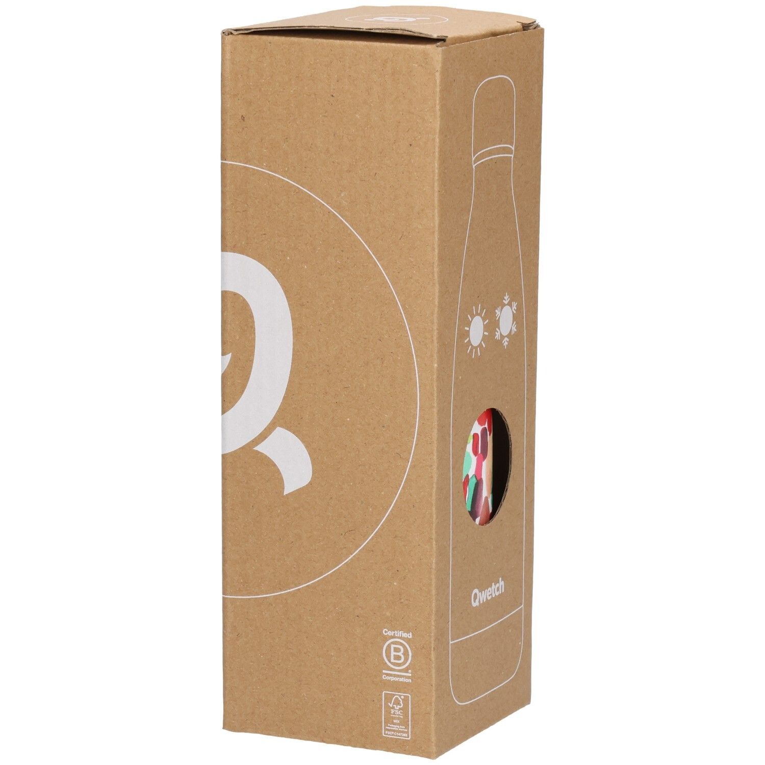 Kartonverpackung mit Qwetch-Logo und B-Corp-Zertifizierung. Illustration einer Thermosflasche mit Sonne und Schneeflocke.