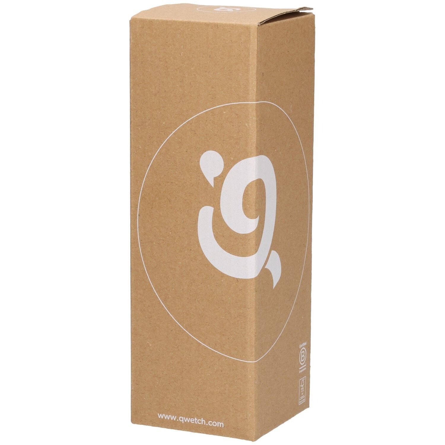 Kartonverpackung mit Qwetch-Logo. Aufschrift www.qwetch.com. Braune Verpackung.