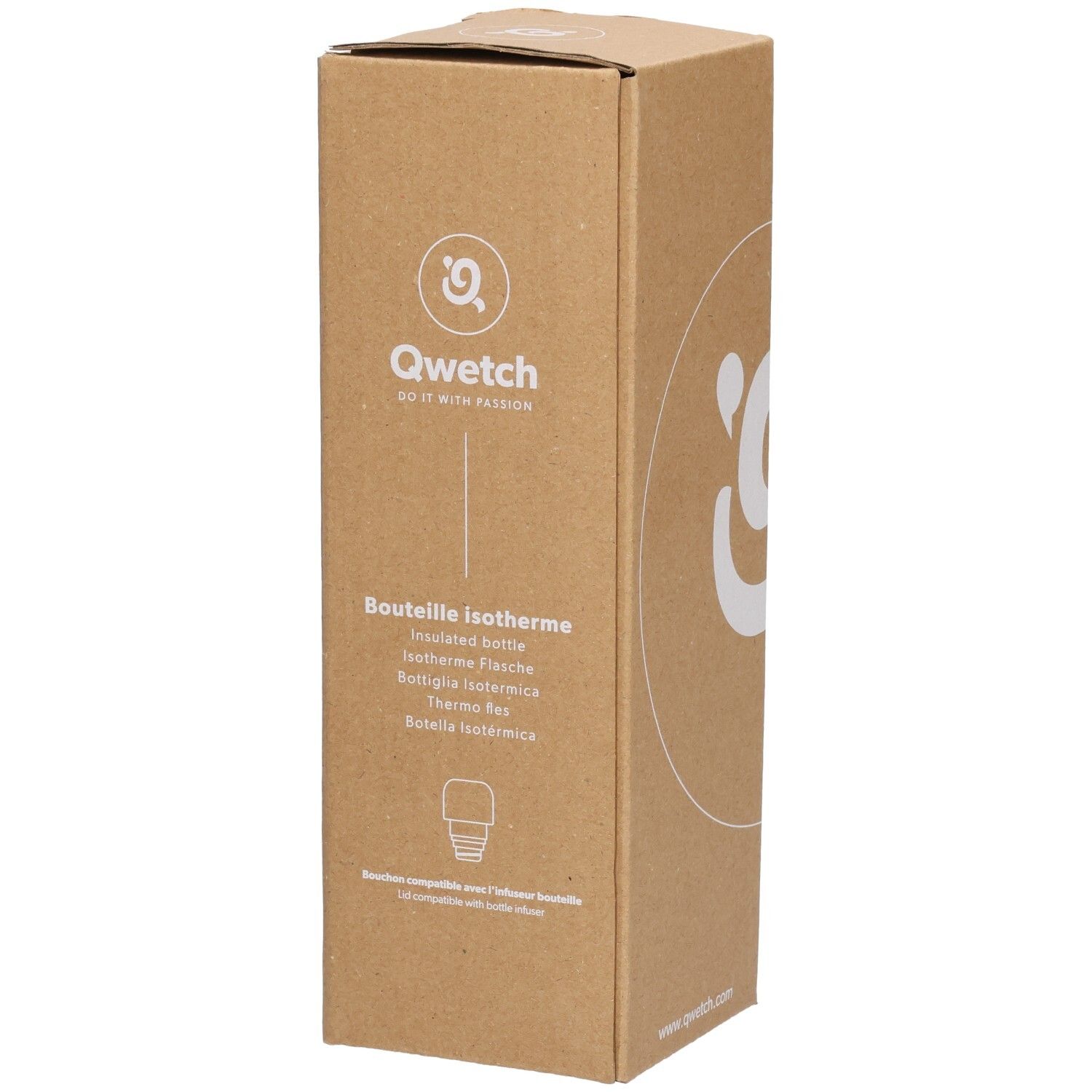 Kartonverpackung mit Qwetch-Logo und Produktbezeichnung. Illustration einer Thermosflasche.