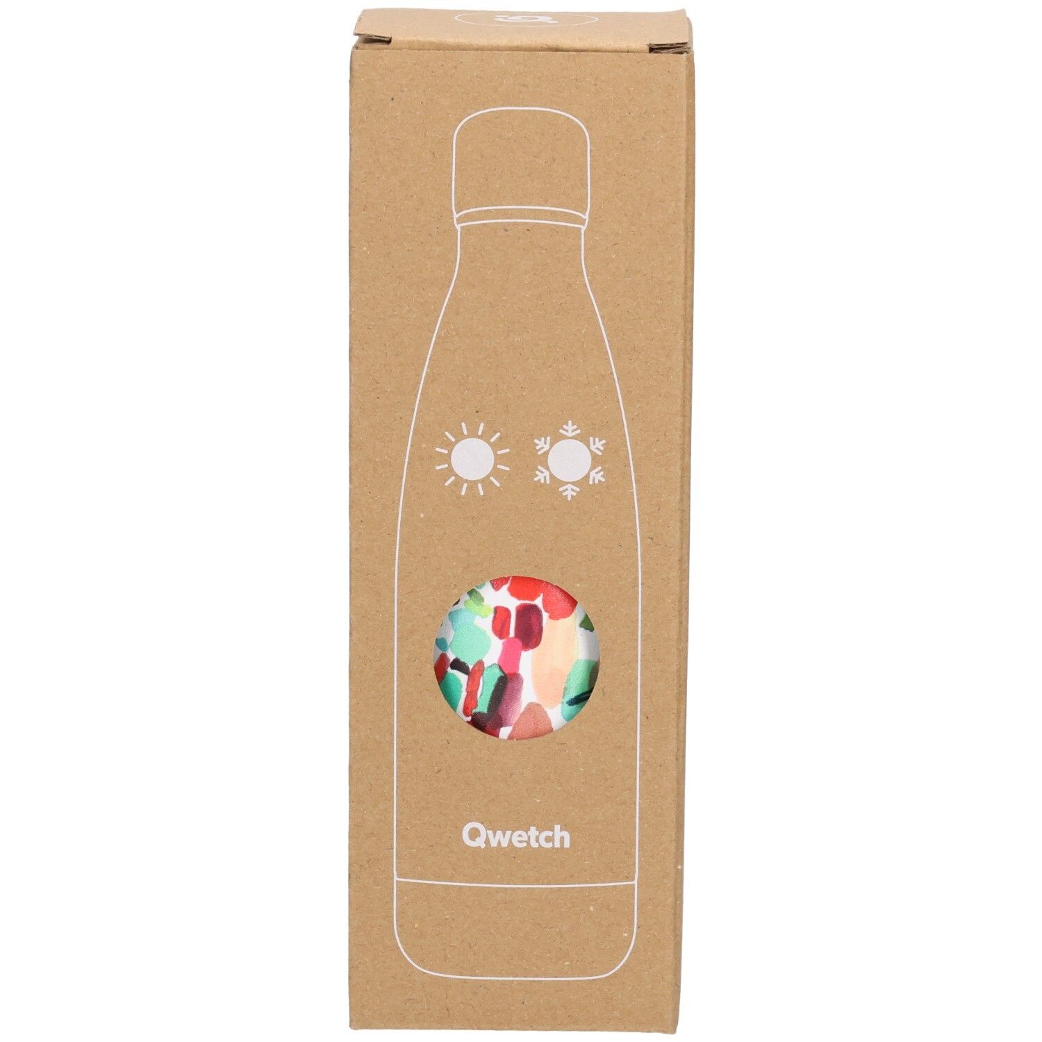 Kartonverpackung mit Sichtfenster. Qwetch-Thermosflasche mit farbenfrohem Muster. Illustration von Sonne und Schneeflocke.