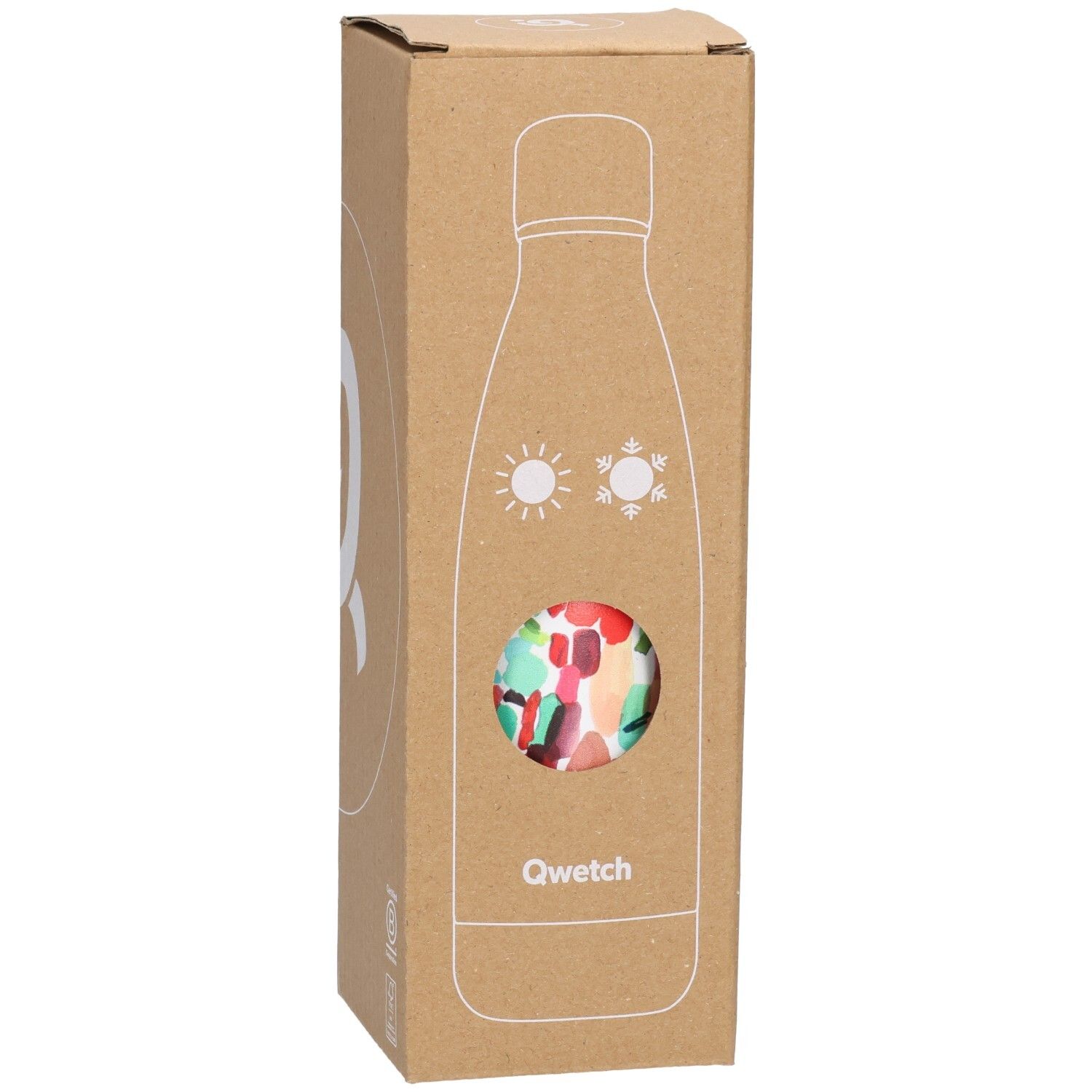 Kartonverpackung mit Sichtfenster. Qwetch-Thermosflasche mit farbenfrohem Muster. Illustration von Sonne und Schneeflocke.