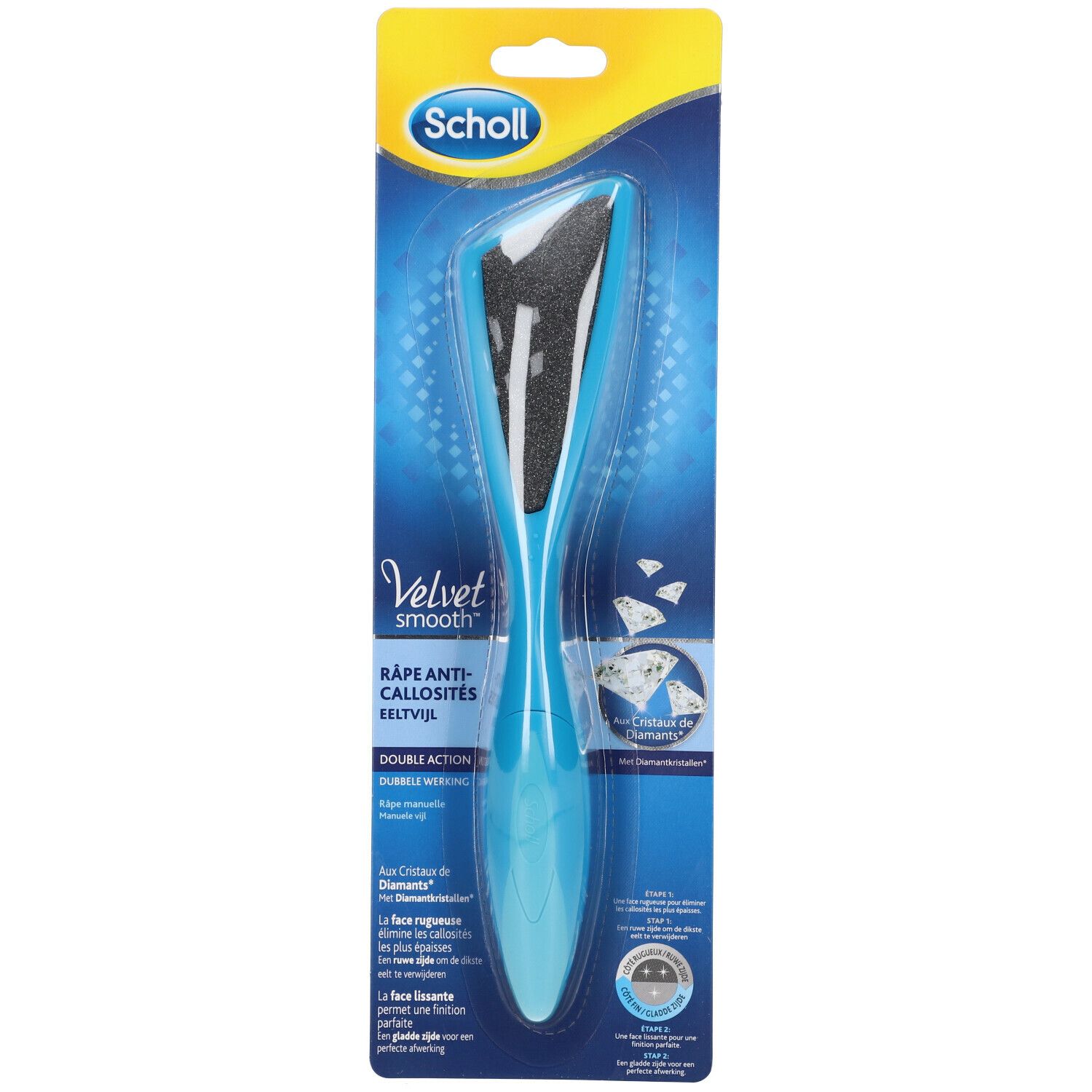 Lime à callosités Scholl Velvet Smooth, particules de diamant, emballage blister. Double action, manche ergonomique.