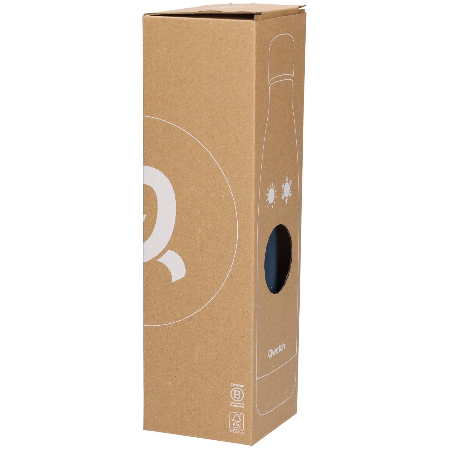 Kartonverpackung mit Qwetch-Logo und Produktabbildung. Sichtfenster zeigt die blaue Thermosflasche.