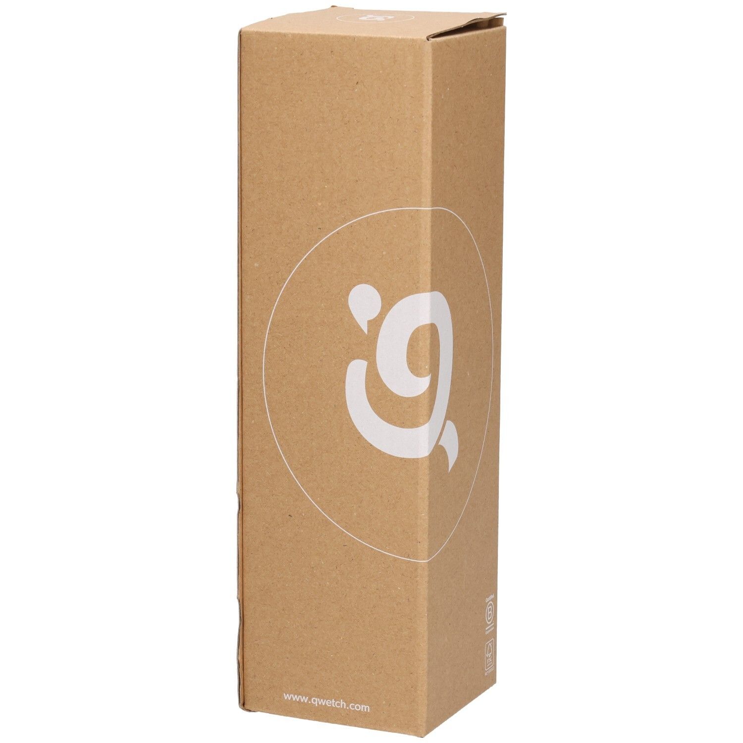 Kartonverpackung mit Qwetch-Logo. Auf der Seite ist das Logo und ein Kreis abgebildet.