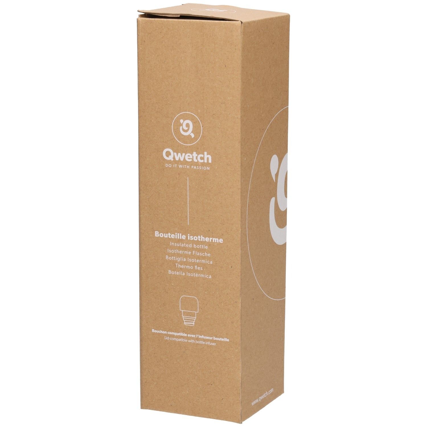 Kartonverpackung mit Qwetch-Logo und Produktinformationen. Text: 'Bouteille isotherme'.