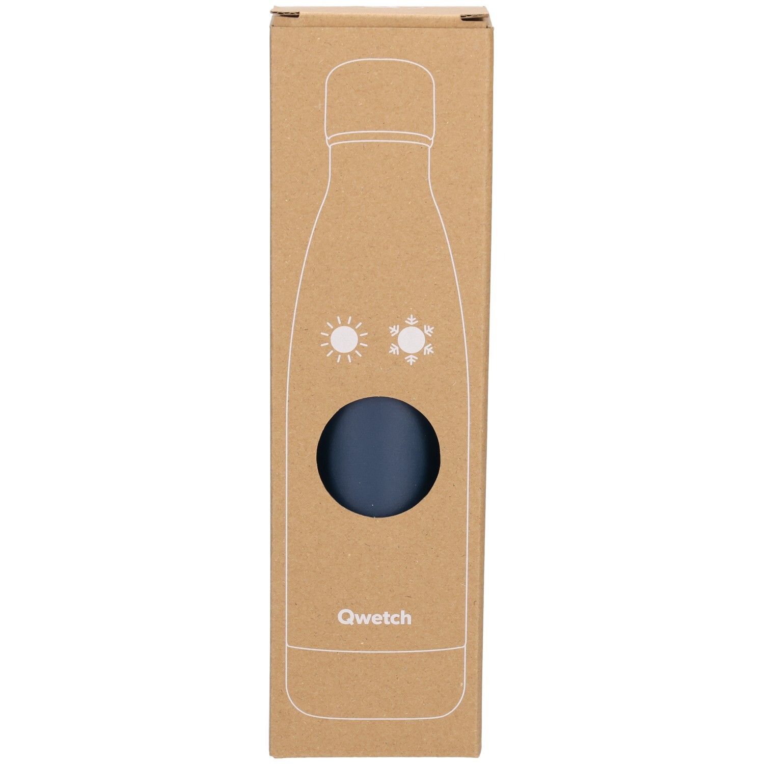 Kartonverpackung mit Sichtfenster. Nachtblaue Thermosflasche durch das Fenster sichtbar. Qwetch-Logo.