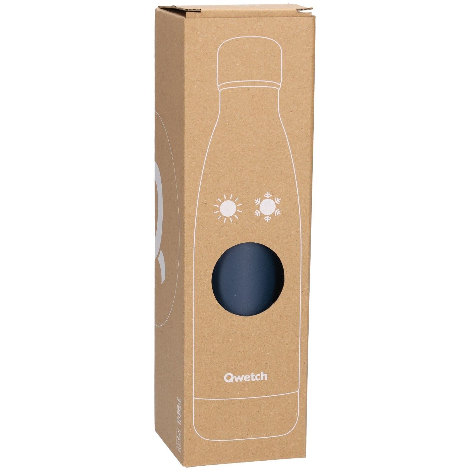 Kartonverpackung mit Sichtfenster. Nachtblaue Thermosflasche durch das Fenster sichtbar. Qwetch-Logo.