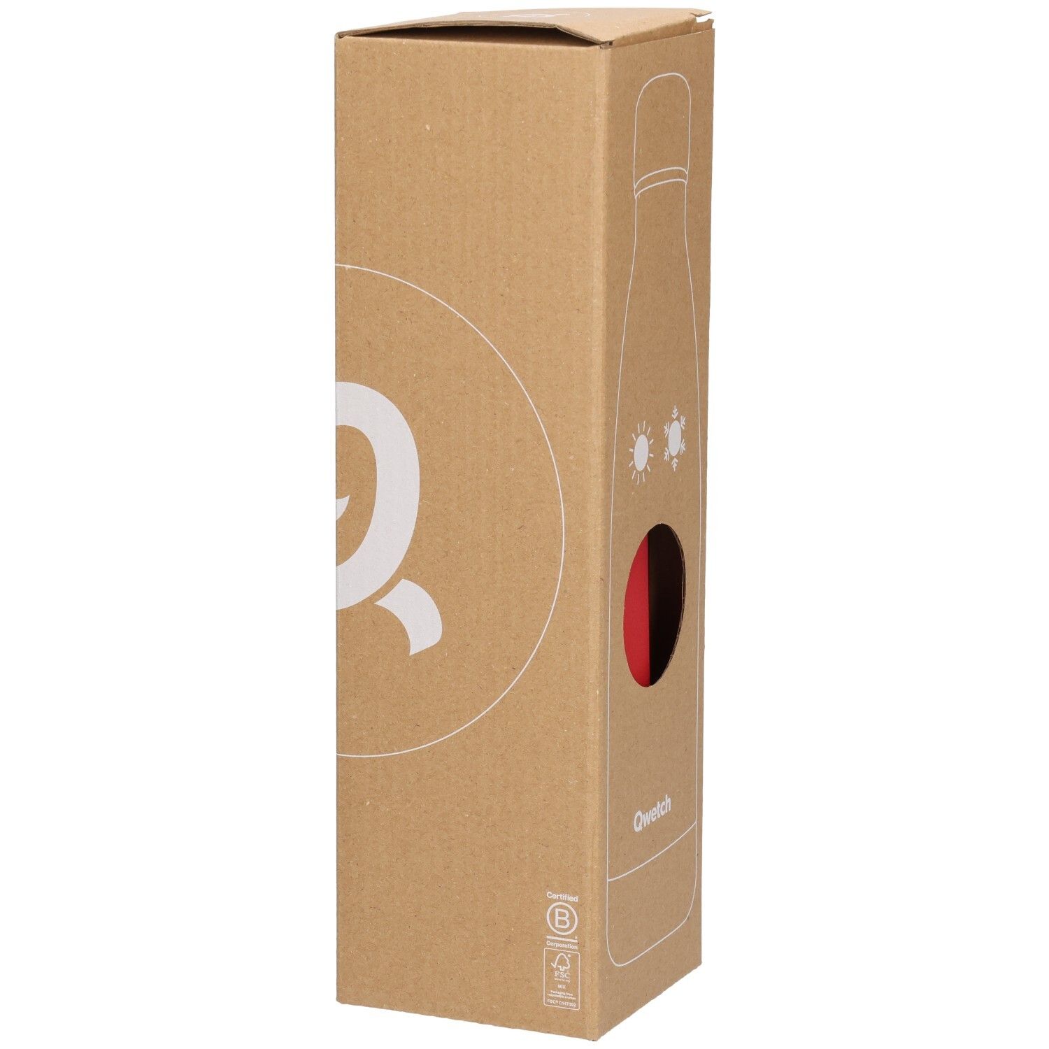 Kartonverpackung mit roter Flasche. Sichtfenster zeigt die Flasche. Marke Qwetch.