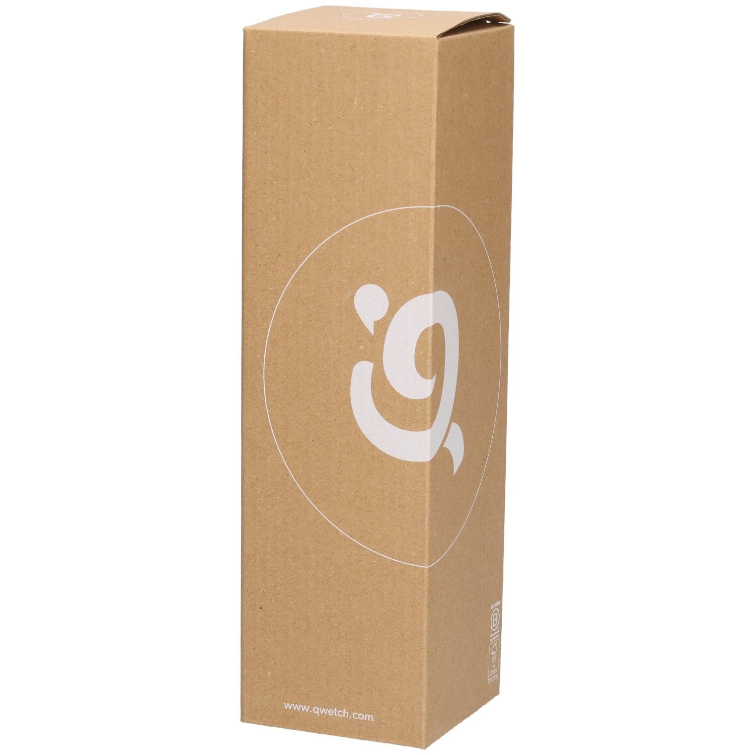 Kartonverpackung. Logo Qwetch. Aufschrift auf der Verpackung.