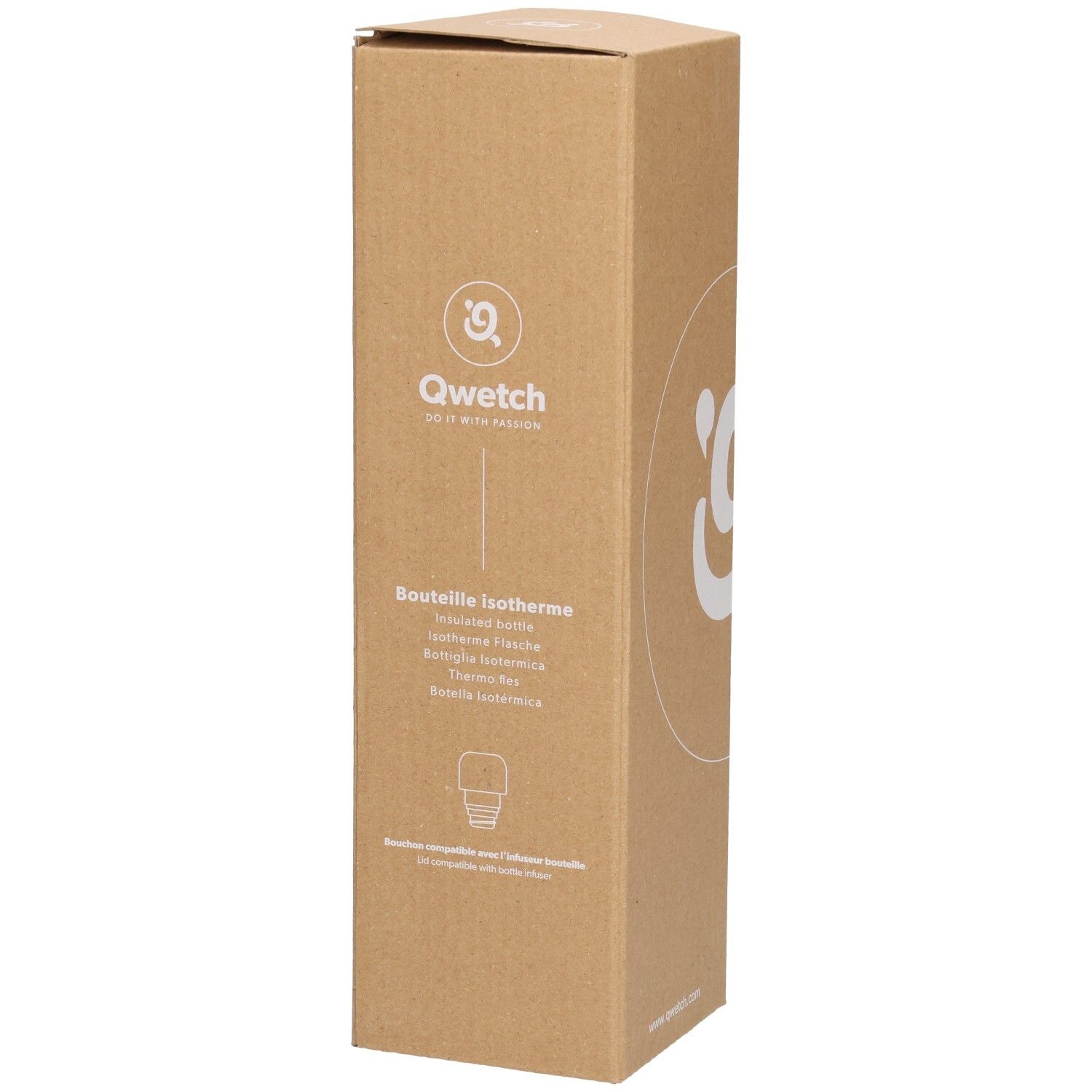 Kartonverpackung. Qwetch Logo. Text: Bouteille Isotherme. Weitere Textinformationen.