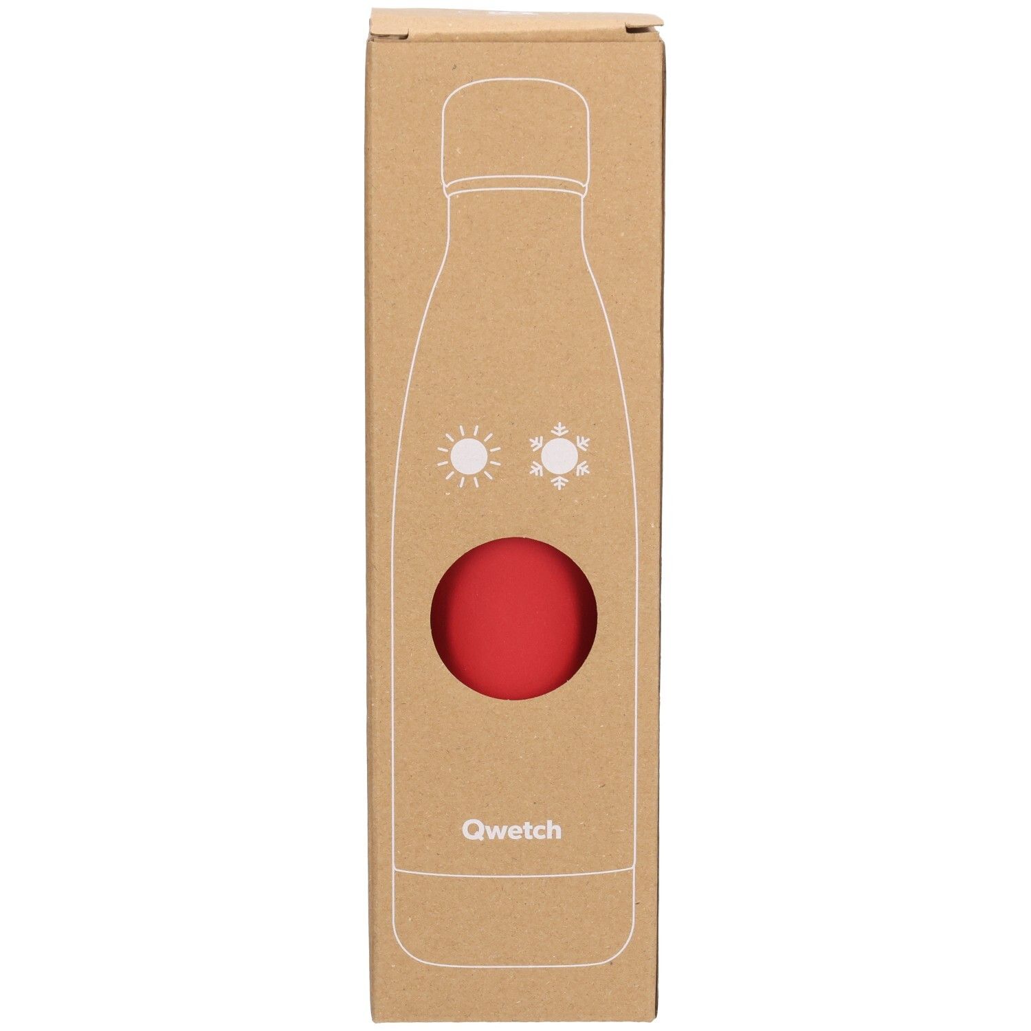 Kartonverpackung mit roter Flasche. Sichtfenster zeigt die Flasche. Marke Qwetch.