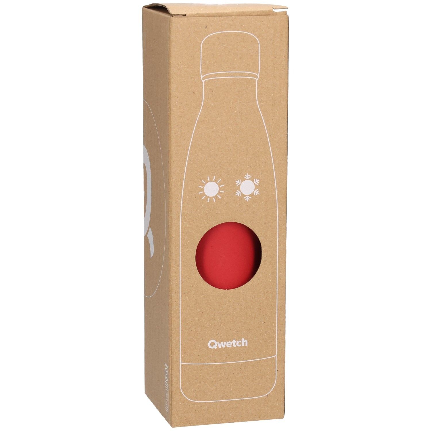 Kartonverpackung mit roter Flasche. Sichtfenster zeigt die Flasche. Marke Qwetch.