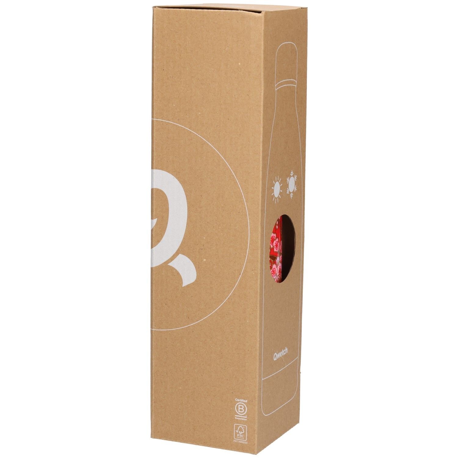 Kartonverpackung für Isolierflasche. Sichtfenster mit rotem Blumenmuster. Qwetch-Logo auf der Seite. Brauner Karton.